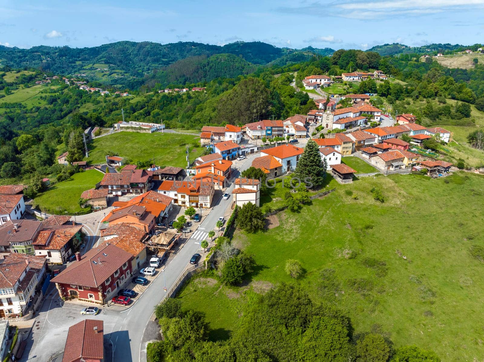 Panoramic aerial view of Torazo, Asturias. A serene blend of historic charm and scenic beauty. Nominated Pretty Town