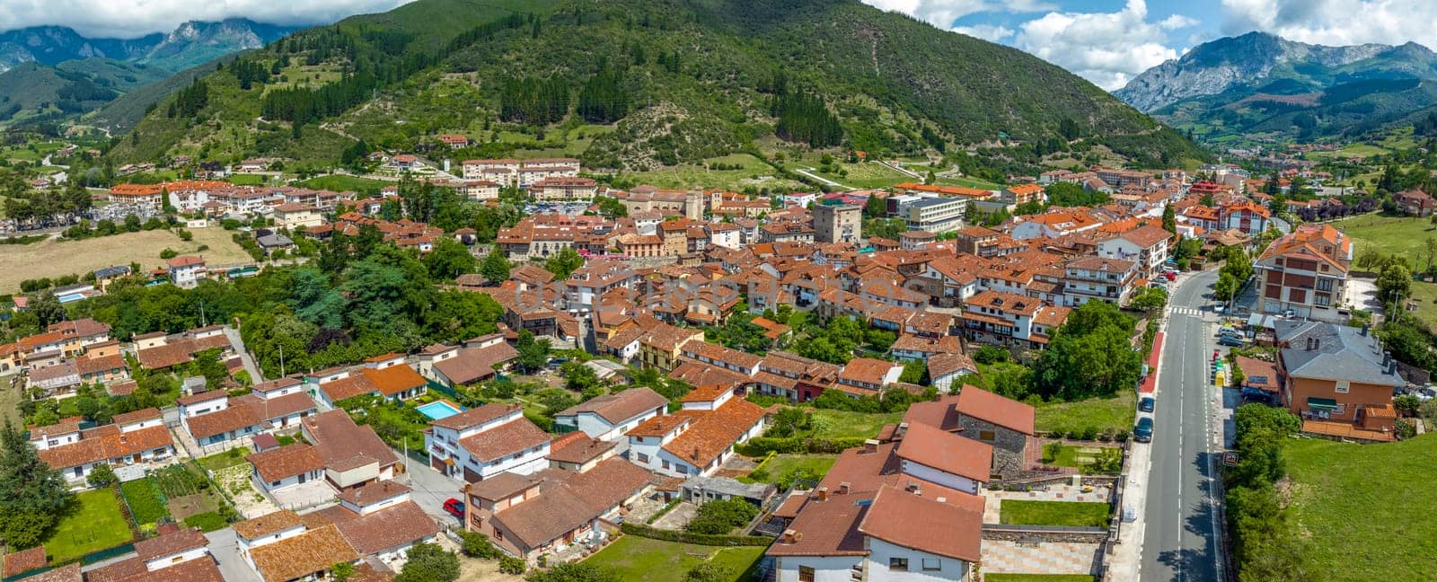 Potes in Cantabria, General view. This population belongs to the Community of Cantabria and is located at the foot of the Picos de Europa. named beautiful town of Spain
