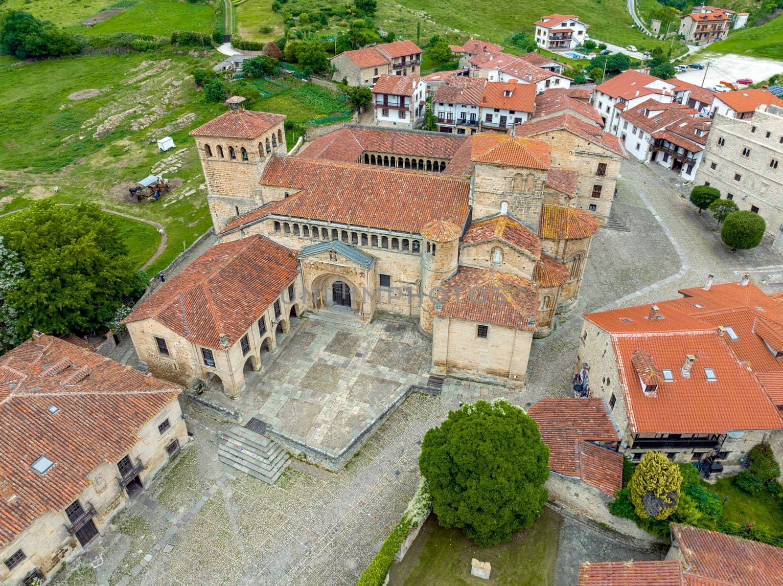 Colegiata church of Santa Juliana in Santillana del Mar, Cantabria, Spain, Europe. Aerial view.