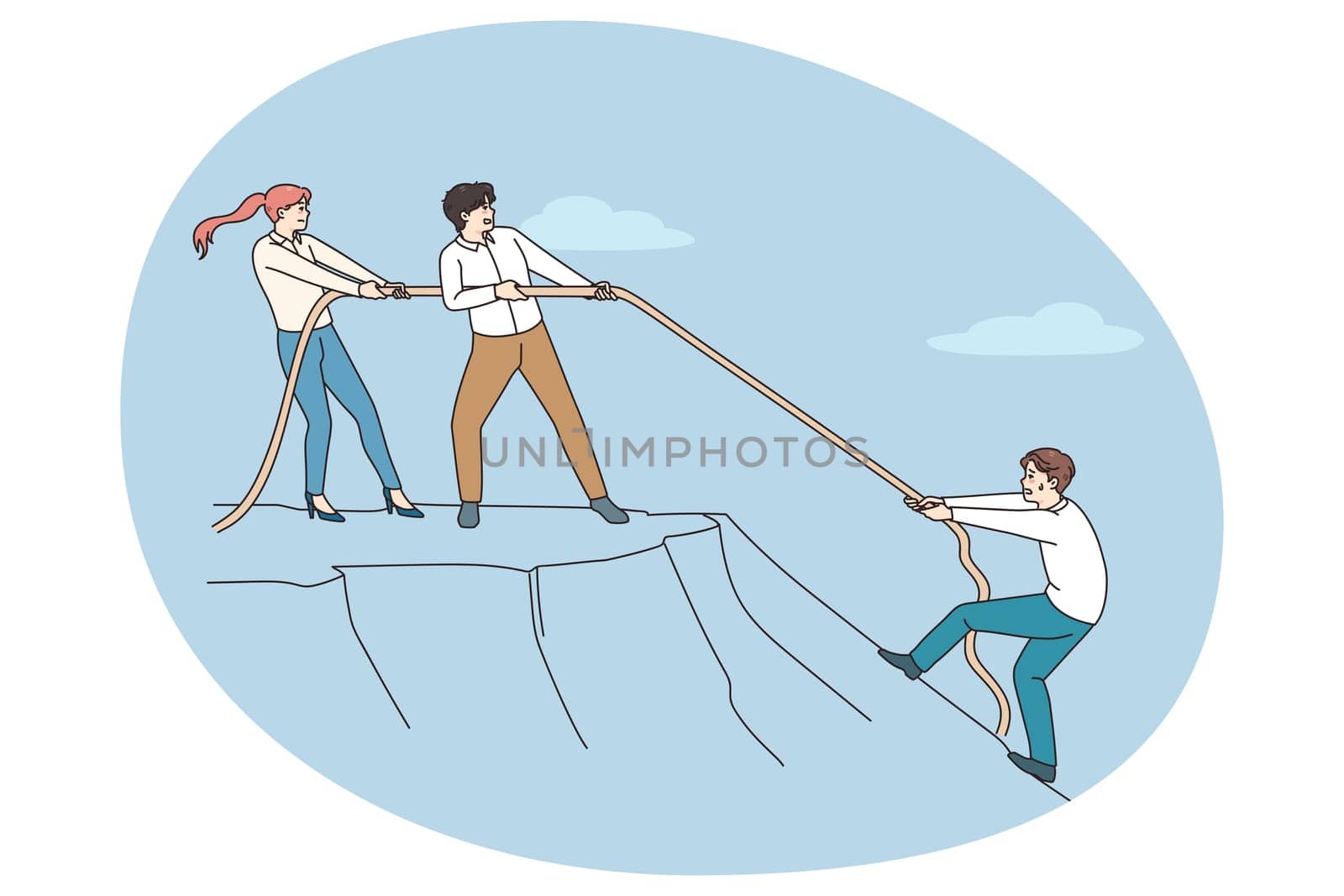 Diverse employees throw rope help colleague climb up hill. Coworkers help person showing support and unity. Concept of teamwork and collaboration at workplace. Vector illustration.