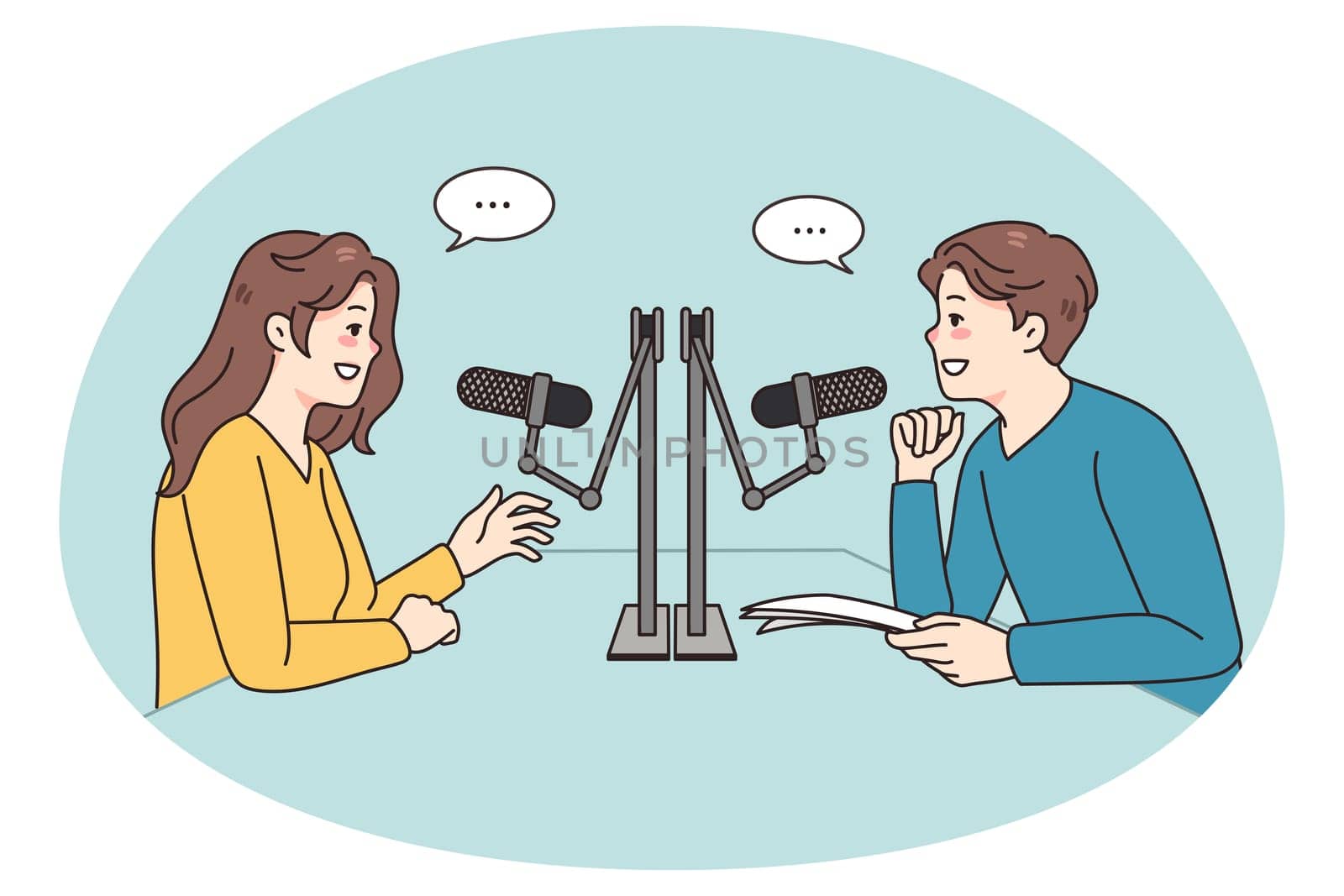 Smiling diverse people talk in studio in microphones record podcast together. Happy radio host interview guest at station. Entertainment industry. Vector illustration.