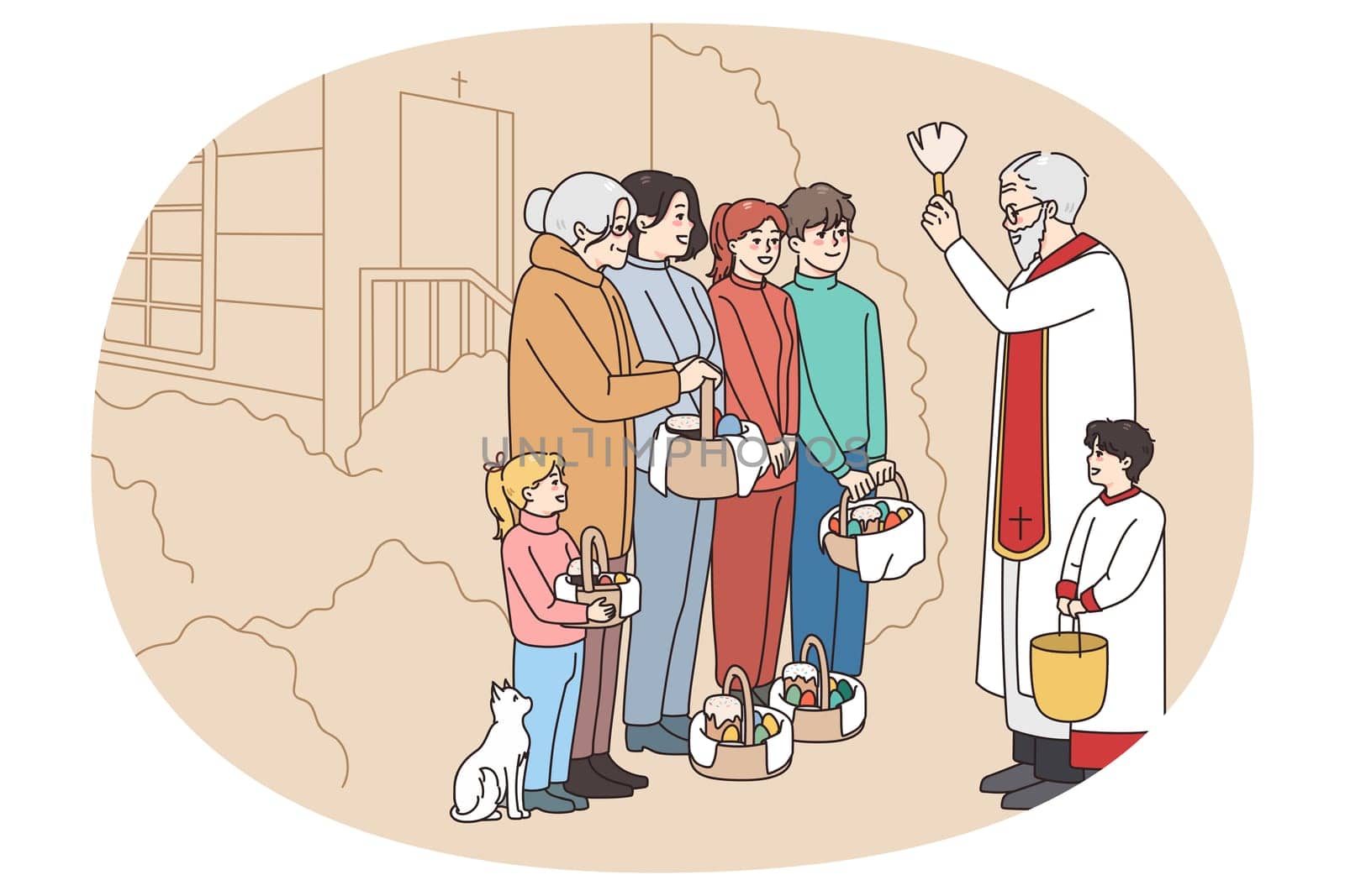 Male leader with megaphone head demonstration with diverse people holding banners and posters. Activists on strike or riot protest against discrimination, vote for freedom. Vector illustration.