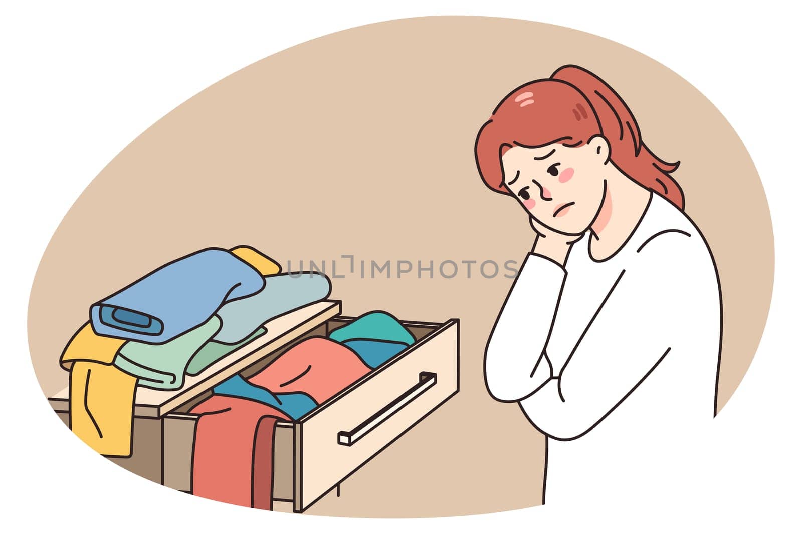 Confused girl look at open drawer with clothes have nothing to wear. Unhappy young woman looking at apparel, have clothing problem. Shopaholic and garment issues. Vector illustration.