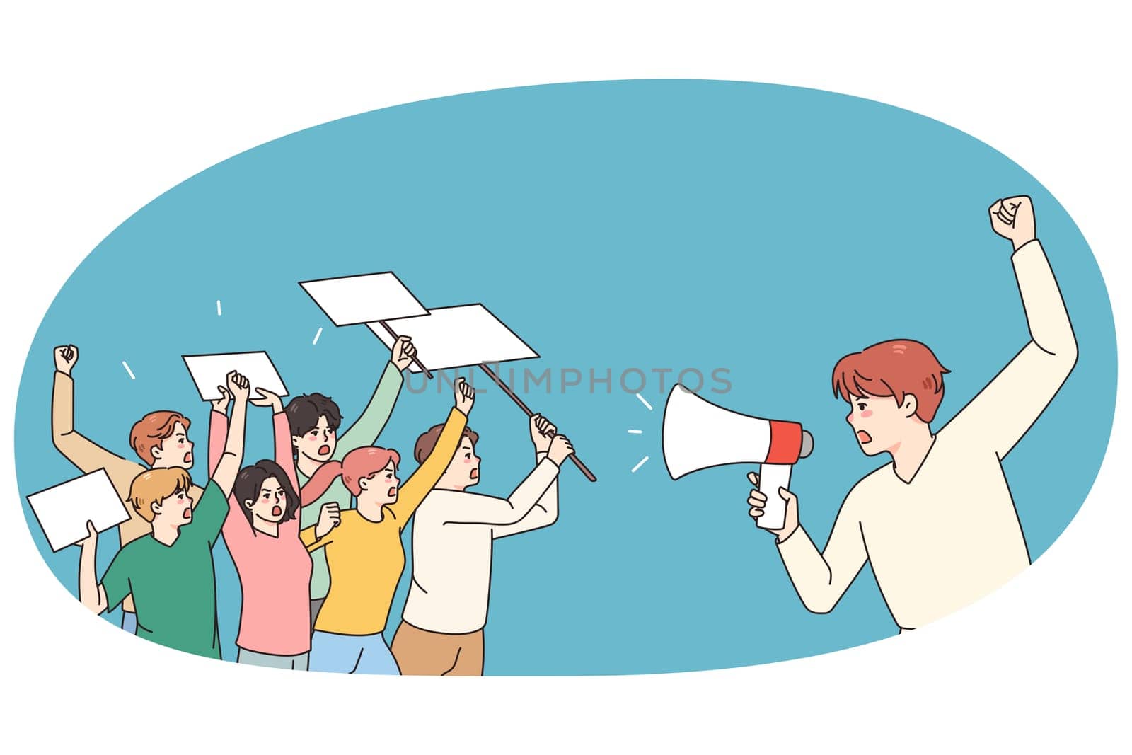 Male leader with megaphone head demonstration with diverse people holding banners and posters. Activists on strike or riot protest against discrimination, vote for freedom. Vector illustration.