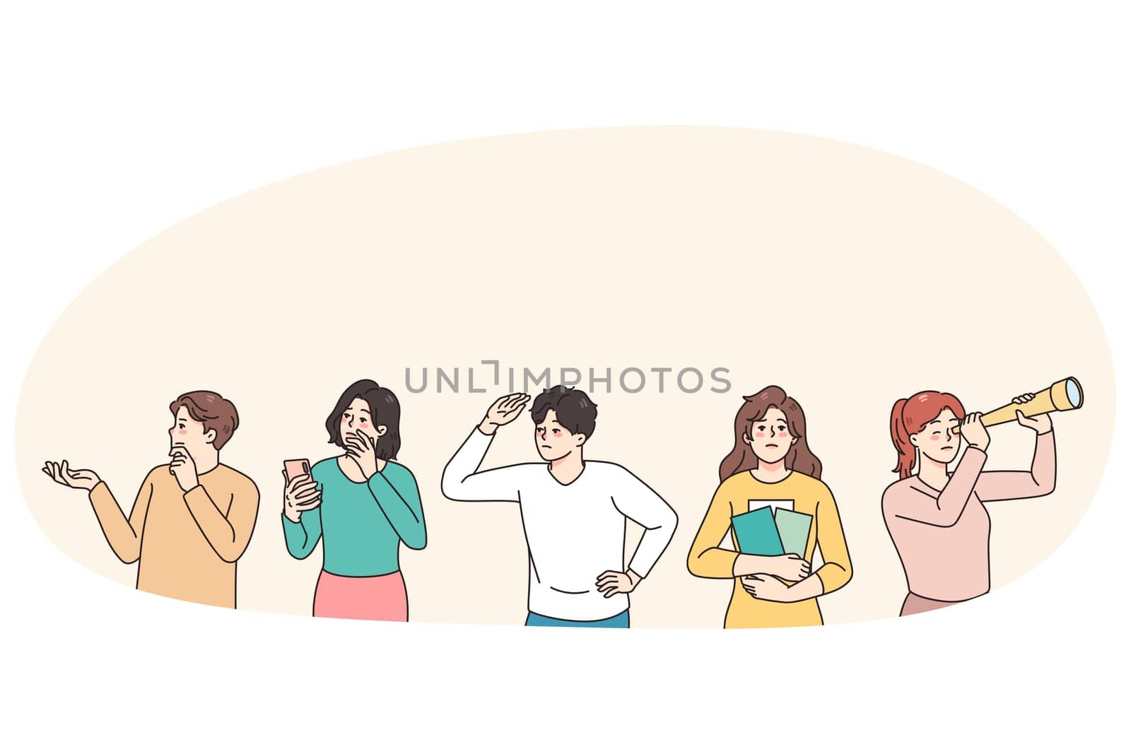 Diverse people with binoculars and spyglass feel confused looking for problem solution. Men and woman frustrated with dilemma, solving business trouble together. Vector illustration.