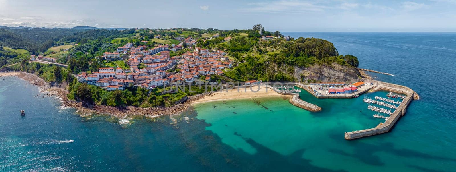 Panoramic aerial view of Lastres, province of Asturias, Spain. Named beautiful town of Spain