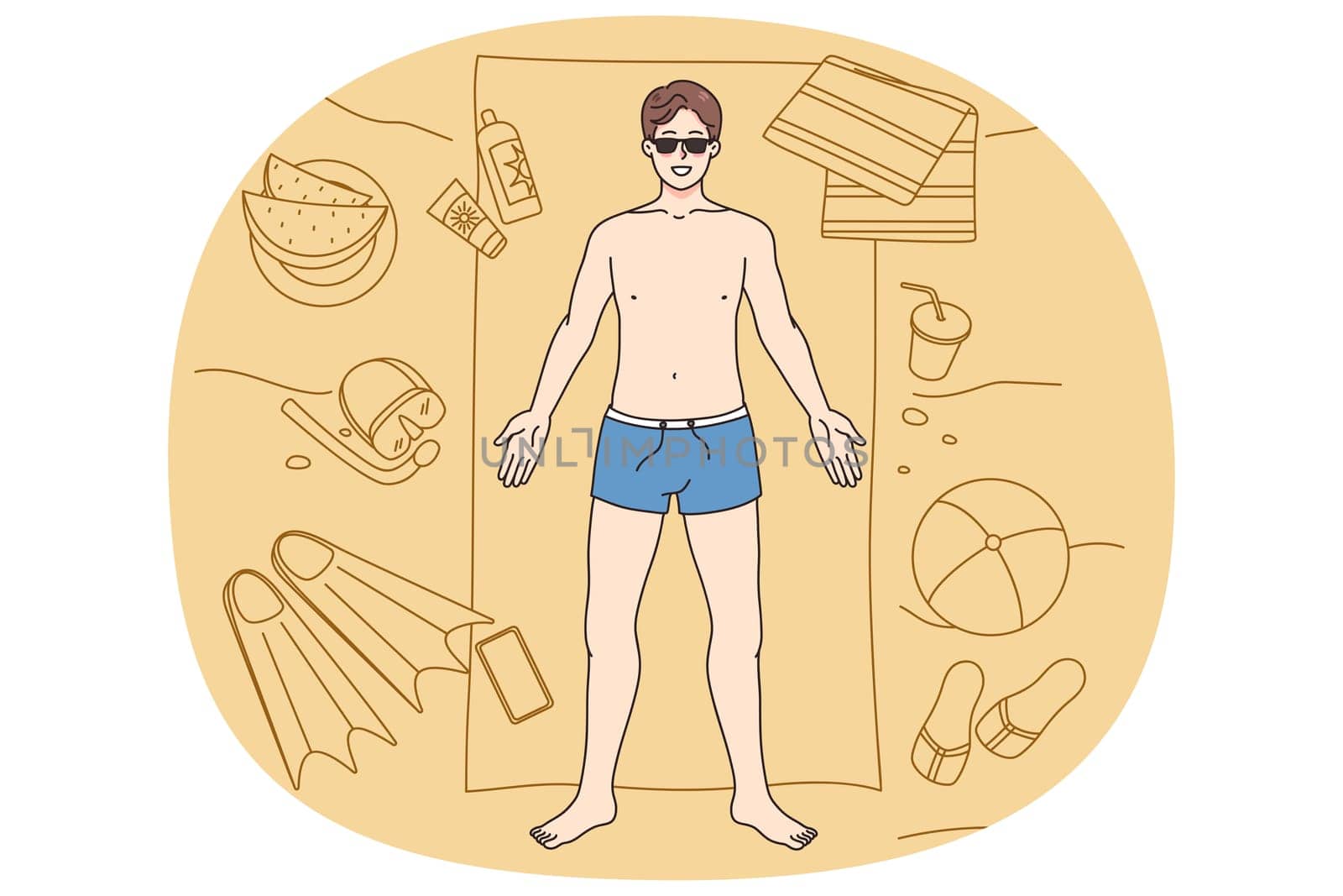 Top view of happy young man in swimwear lying on towel on beach enjoying summer vacations. Smiling guy relax on seaside during summertime holidays. Travel and tourism. Vector illustration.