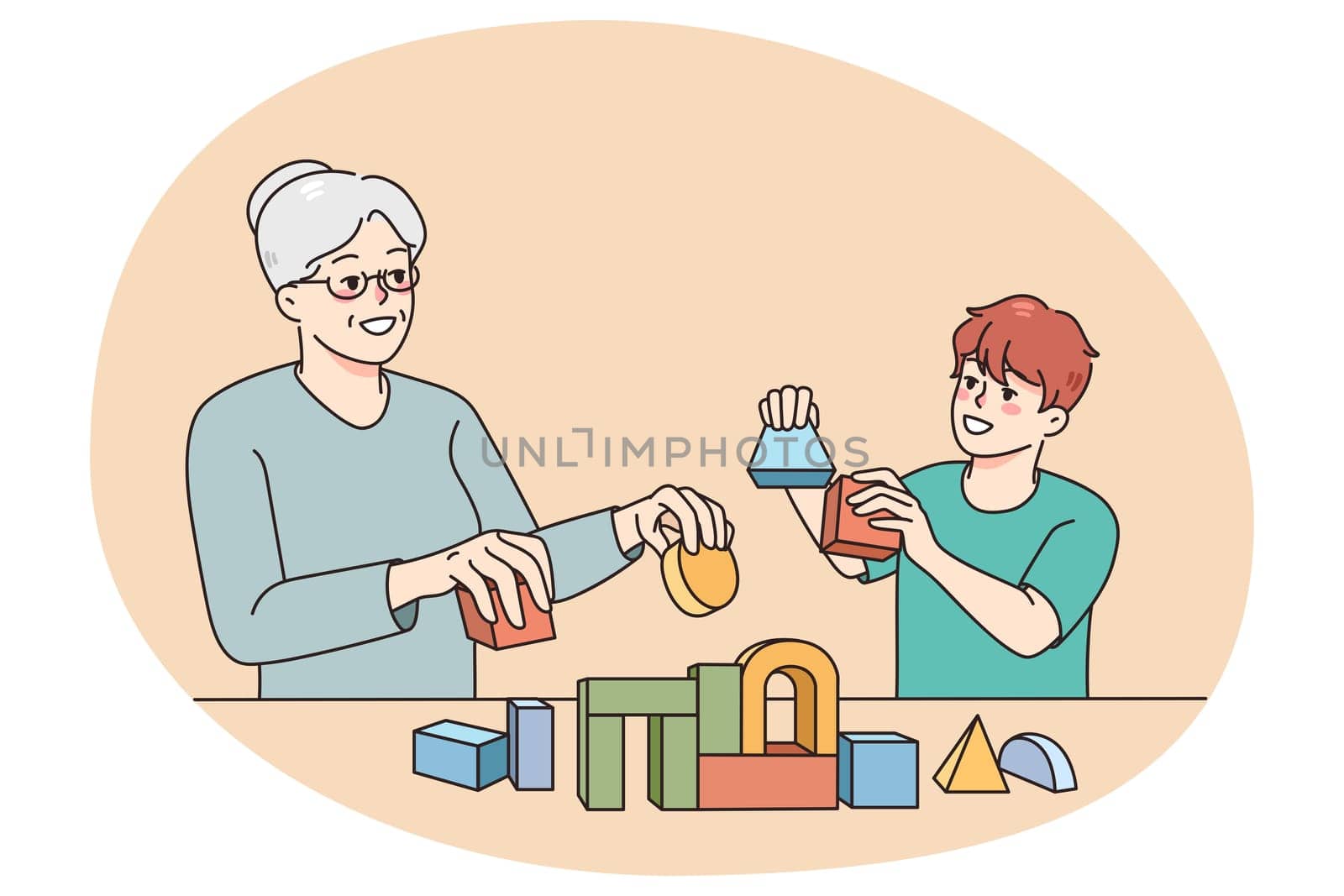 Loving elderly grey-haired grandmother play toys with small grandchild. Caring grandma build with blocks with smiling little boy child at home. Two generations. Vector illustration.