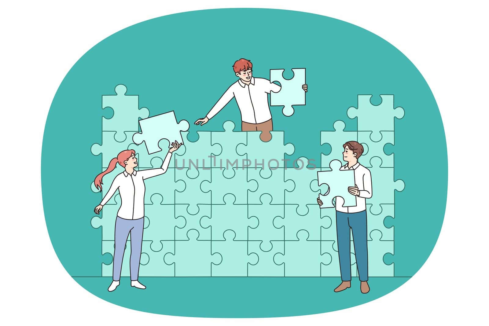 Diverse businesspeople connect jigsaw puzzles looking for business solution together. Colleagues cooperate join pieces for shared goal or result achievement. Teamwork. Vector illustration.