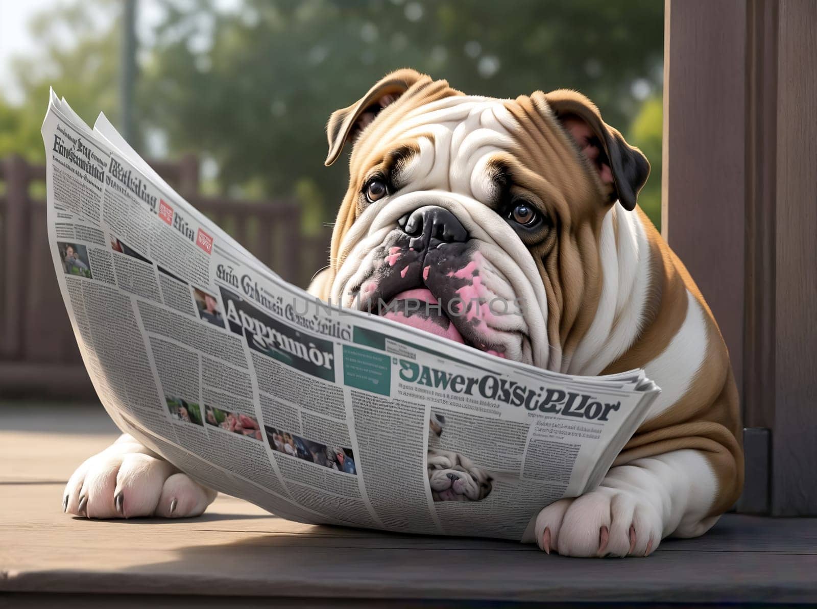 English bulldog reads interested in the newspaper.