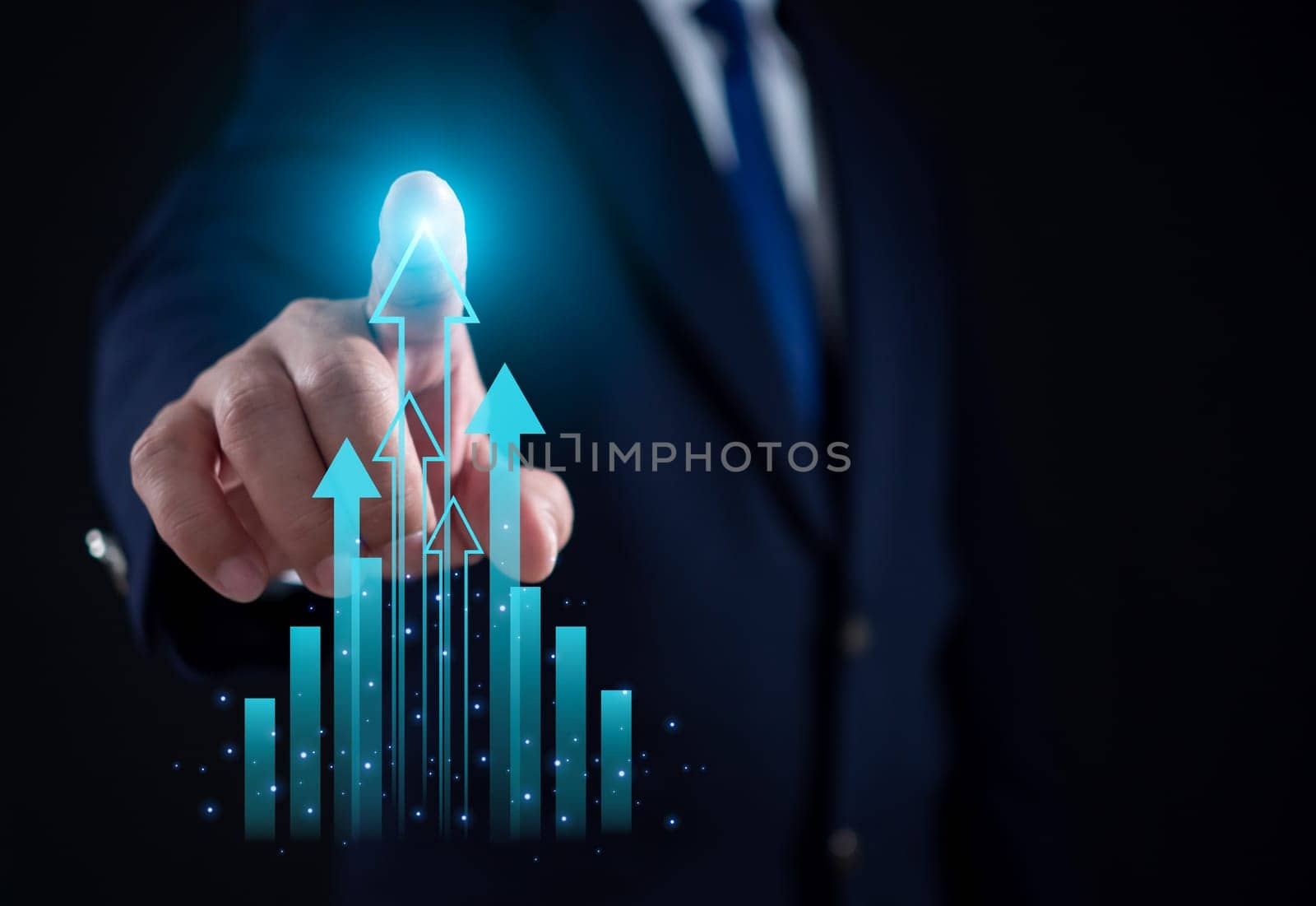 Stock market, Business growth, progress or success concept. Businessman or trader is showing a growing virtual hologram stock, invest in trading.