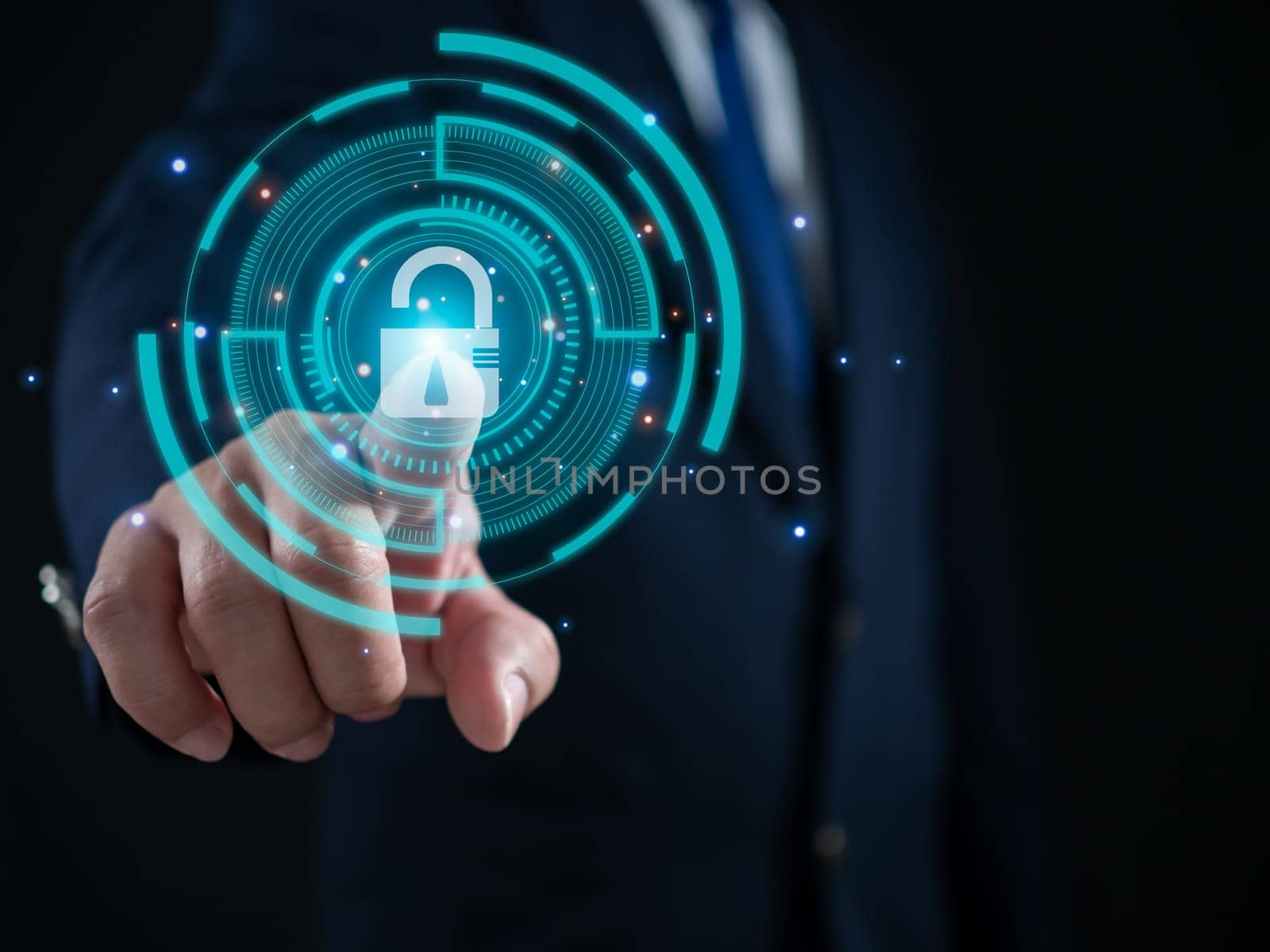 Businessman finger pressing on virtual key. Represents protection from outside hacking. The concept of code protection. Viruses, firmware and malware.