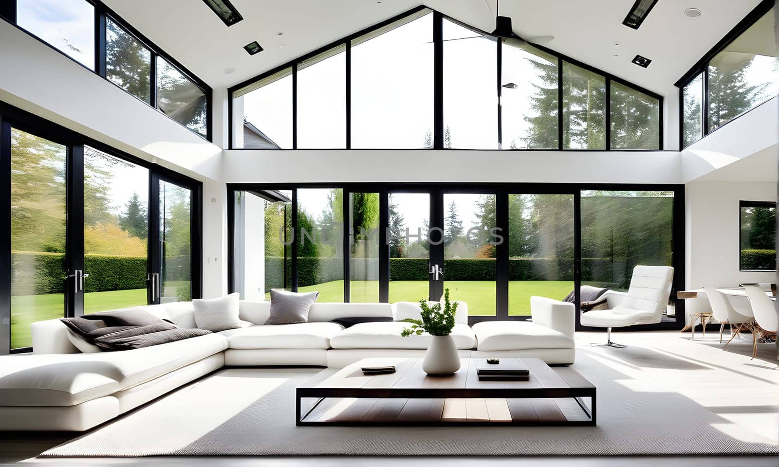 modern interior - a view in a garden from a modern stylish livingroom