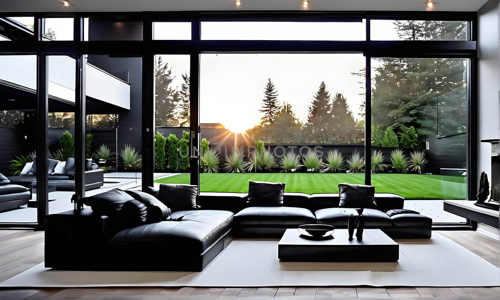 modern interior - a view in a garden from a modern stylish livingroom