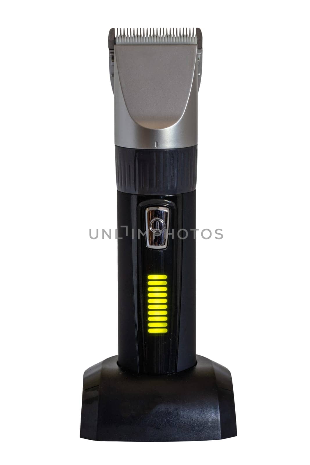 Close-up of a new black silver rechargeable beard and hair clipper isolated on a white background. Clipping path. Cordless hair and beard trimmer. Macro.