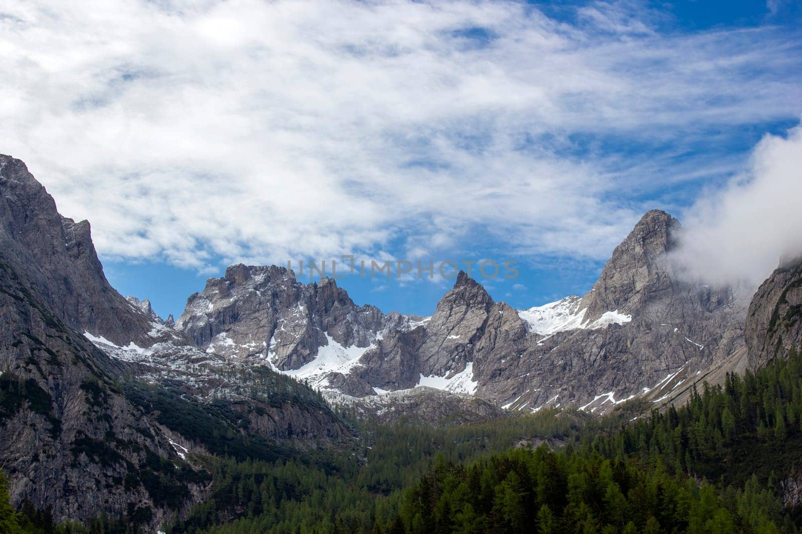 Landscape of Lienz Dolomites in Austria. Panorama of massive Alpine mountains. East Tyrol