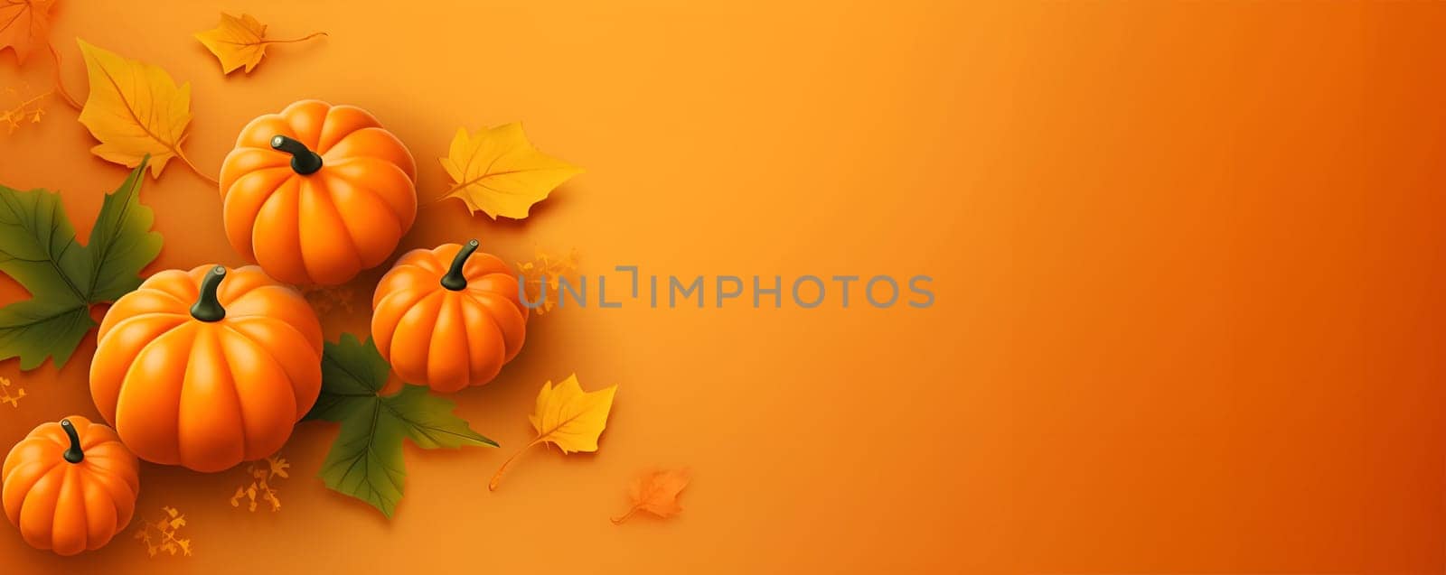 Thanksgiving holiday pumpkin arrangement against orange colored pastel background. Autumn composition. Decoration with pumpkins on table top with copy space for text. Template, mock up for promotion