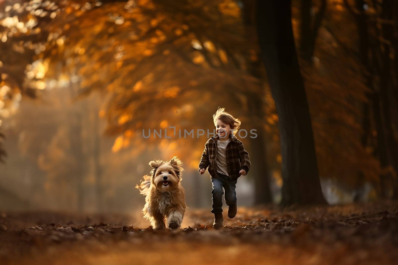 Happy little boy running with dog by fall forest on autumn day or evening. Excited, joyful child chasing with puppy. Friendship of man and animal, healthy lifestyle. Childhood of young discoverer