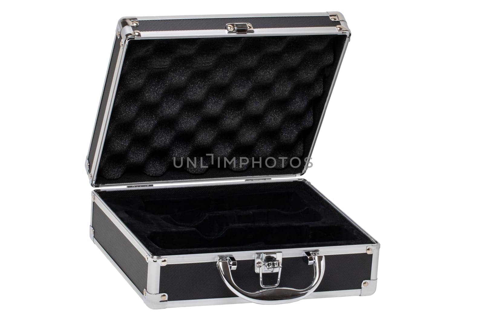 Closeup of a opened empty small black silver equipment case or suitcase with a latch isolated on a white background. Clipping path.