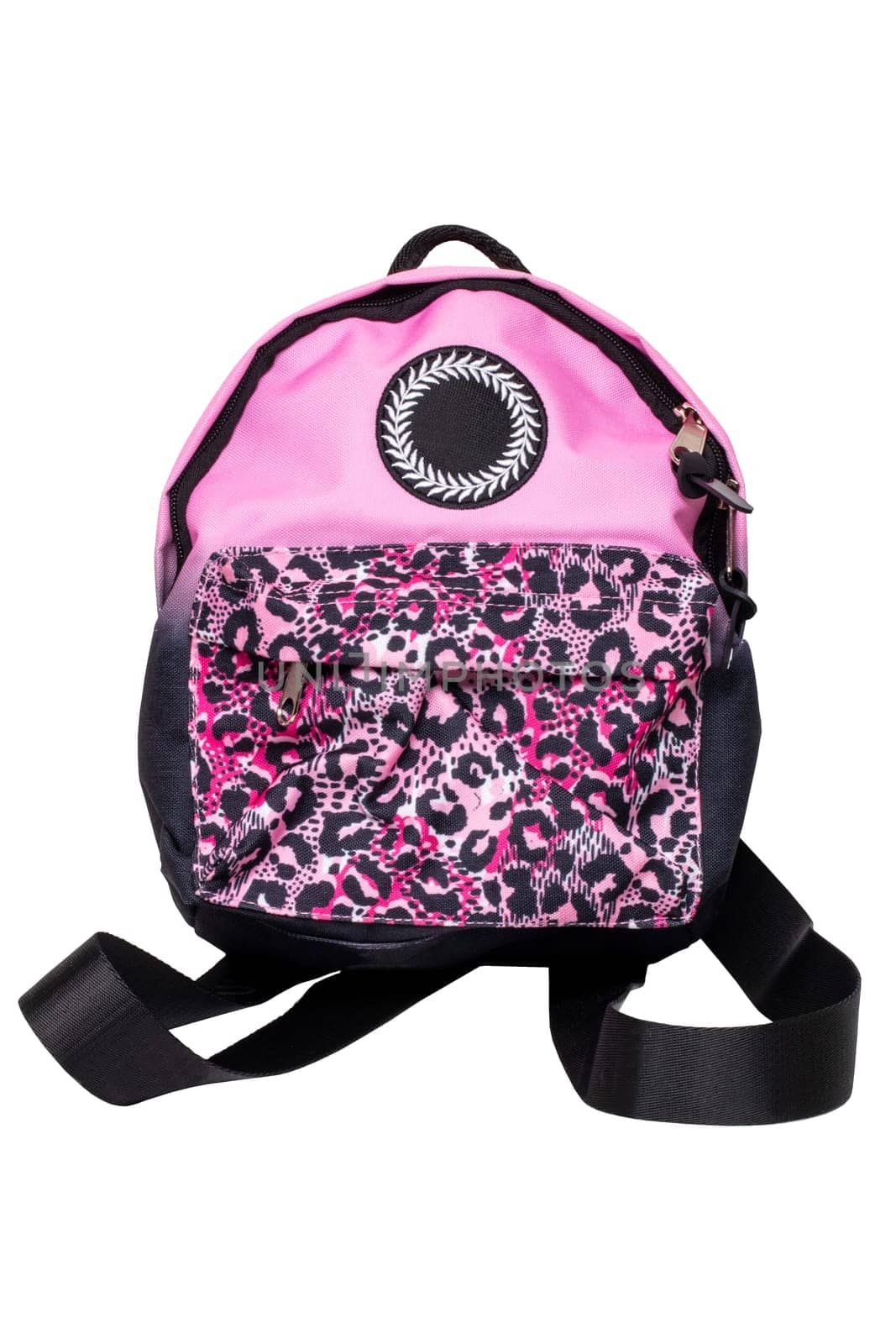 Closeup of a colorful pink red comfortable school backpack isolated on a white background. Concept back to school. Macro.