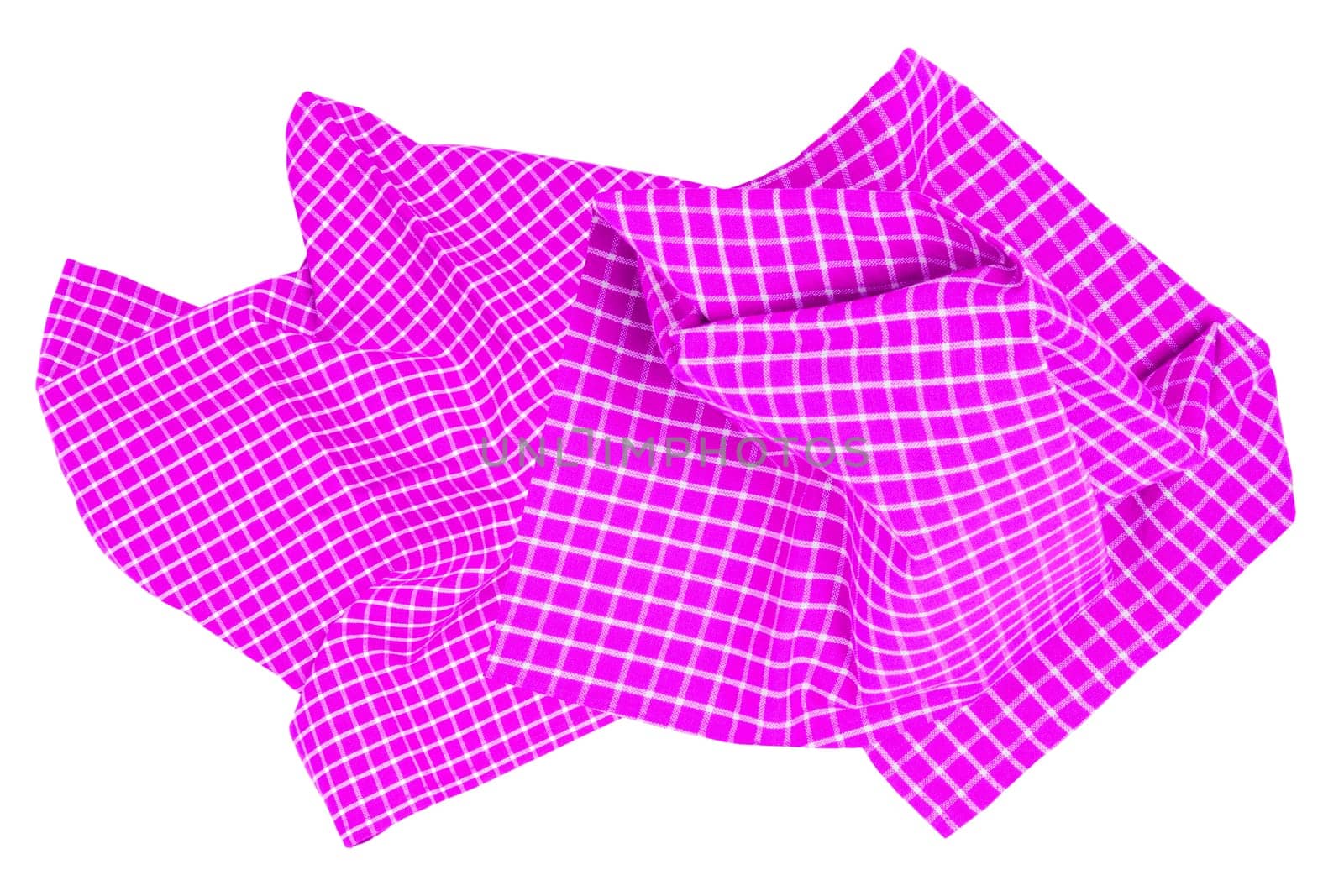 Closeup of a pink and white checkered napkin or tablecloth texture isolated on white background. Clipping path. Kitchen accessories.