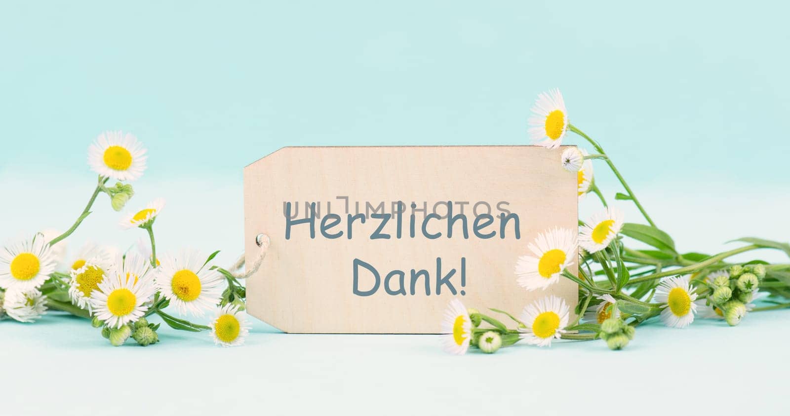 Thank you in german language, card surrounded by flowers, being thankful, support, help and charity concept, positive attitude