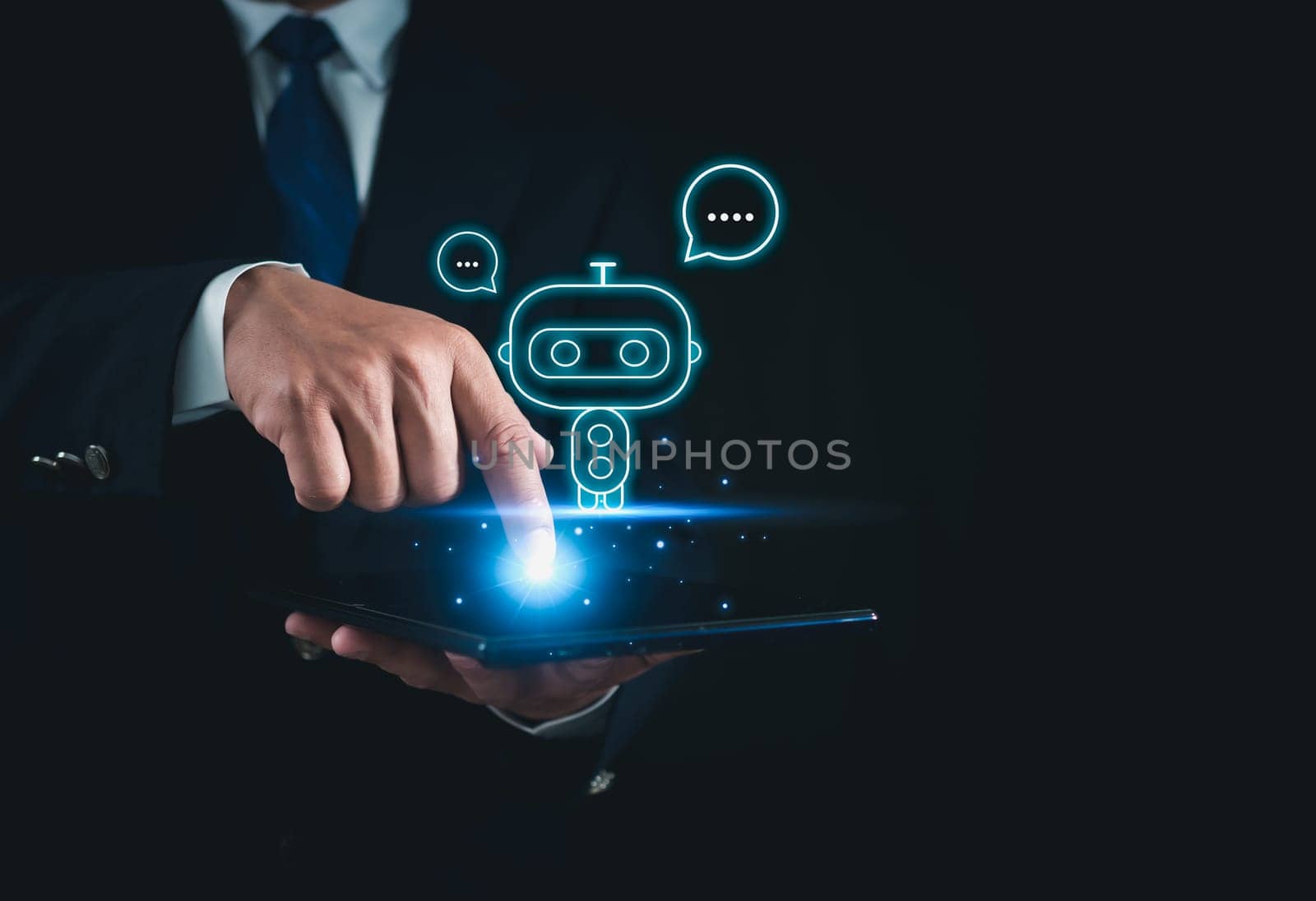Businessman holding finger on tablet showing chat ask questions AI system, machine learning, artificial intelligence of future technology, AI brain network in business analytics.