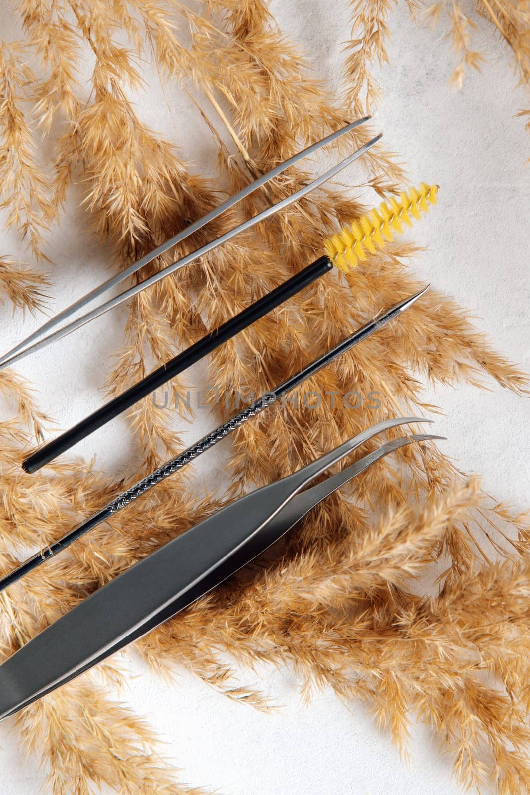 View from above of various tools, tweezers and brushes, using for creating stylish look throughout lash extension procedure, lying on branches of beige pampas grass, on white table. Vertical.