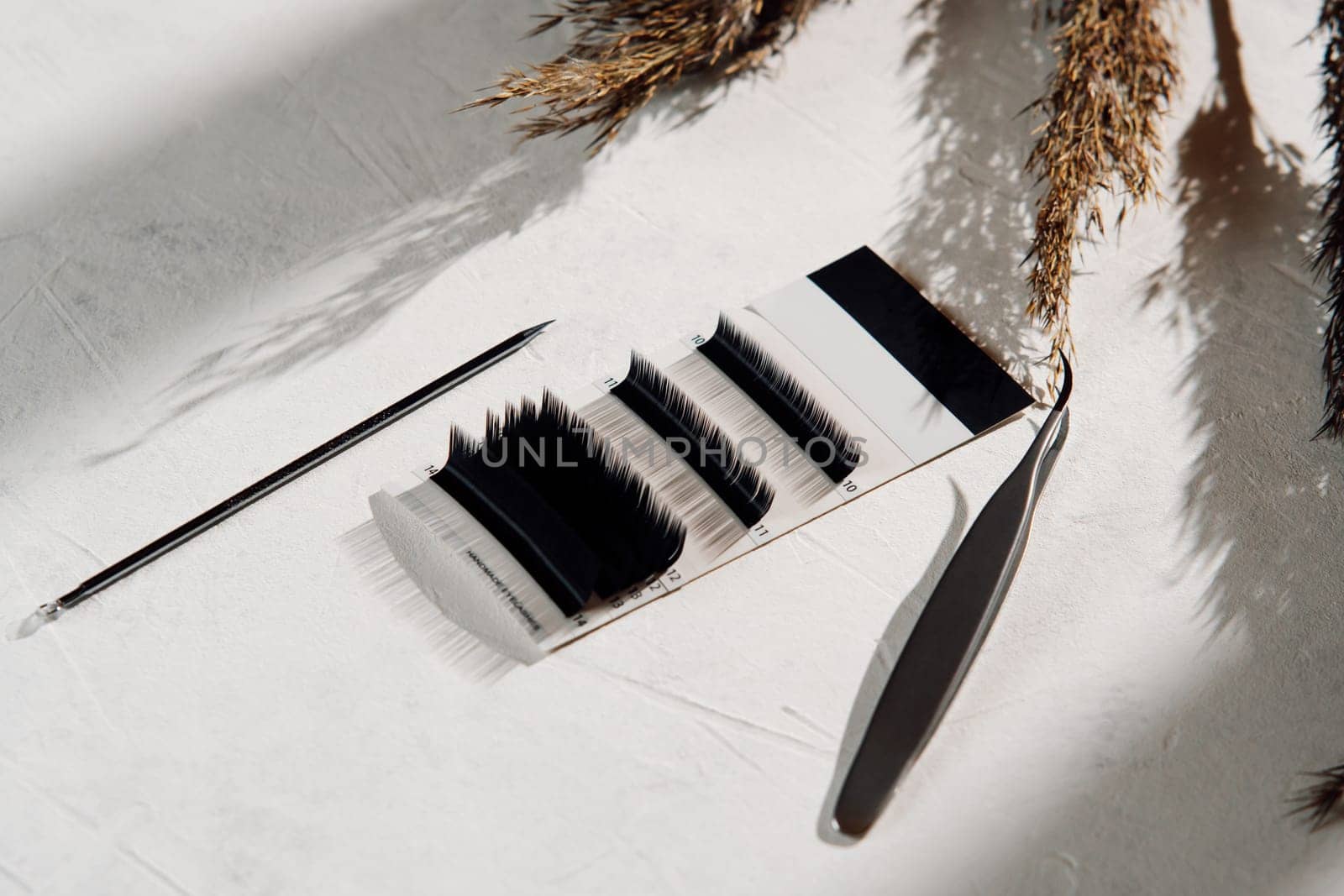 Palette full of black artificial eyelashes and various tools for lash extension procedure lying on white table near branches of pampas grass. Isolated tweezers and volume cilia in pallet on desk.