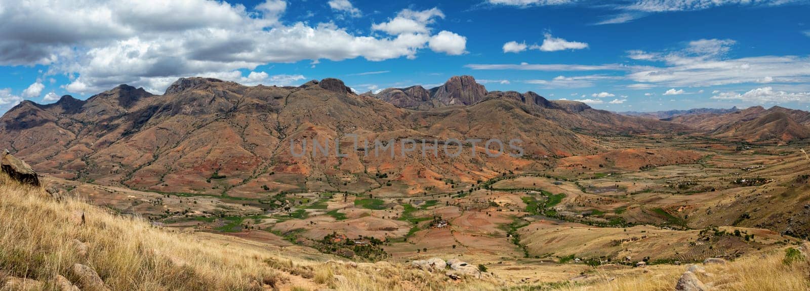 Andringitra national park, Haute Matsiatra region, Madagascar, beautiful mountain landscape with river in valley. Hiking in Andringitra mountains. Sunny day. Madagascar wilderness mountain landscape.