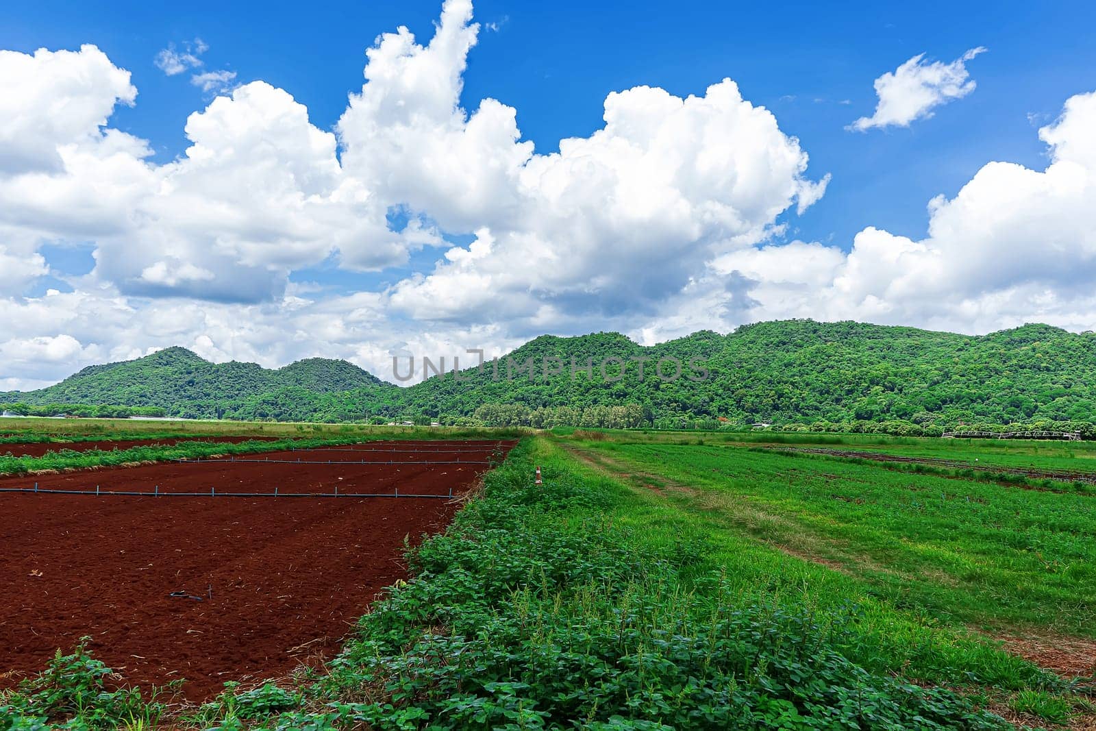Good atmosphere, forests, mountains and blue cloudy sky are landscape in Thailand.