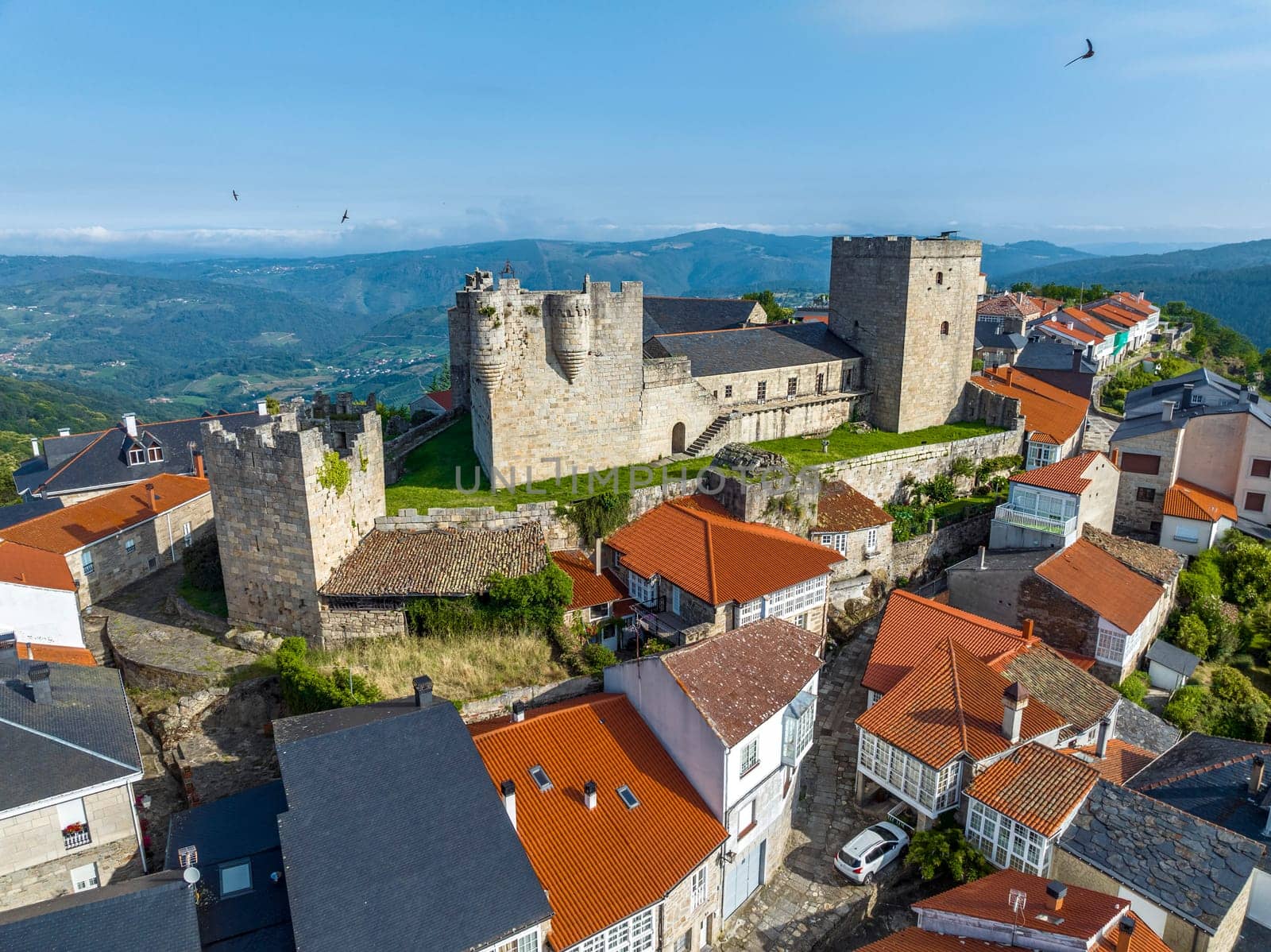Castro Candelas aerial view Castle, in the province of Ourense. Considered one of the most beautiful towns in Spain. Front view