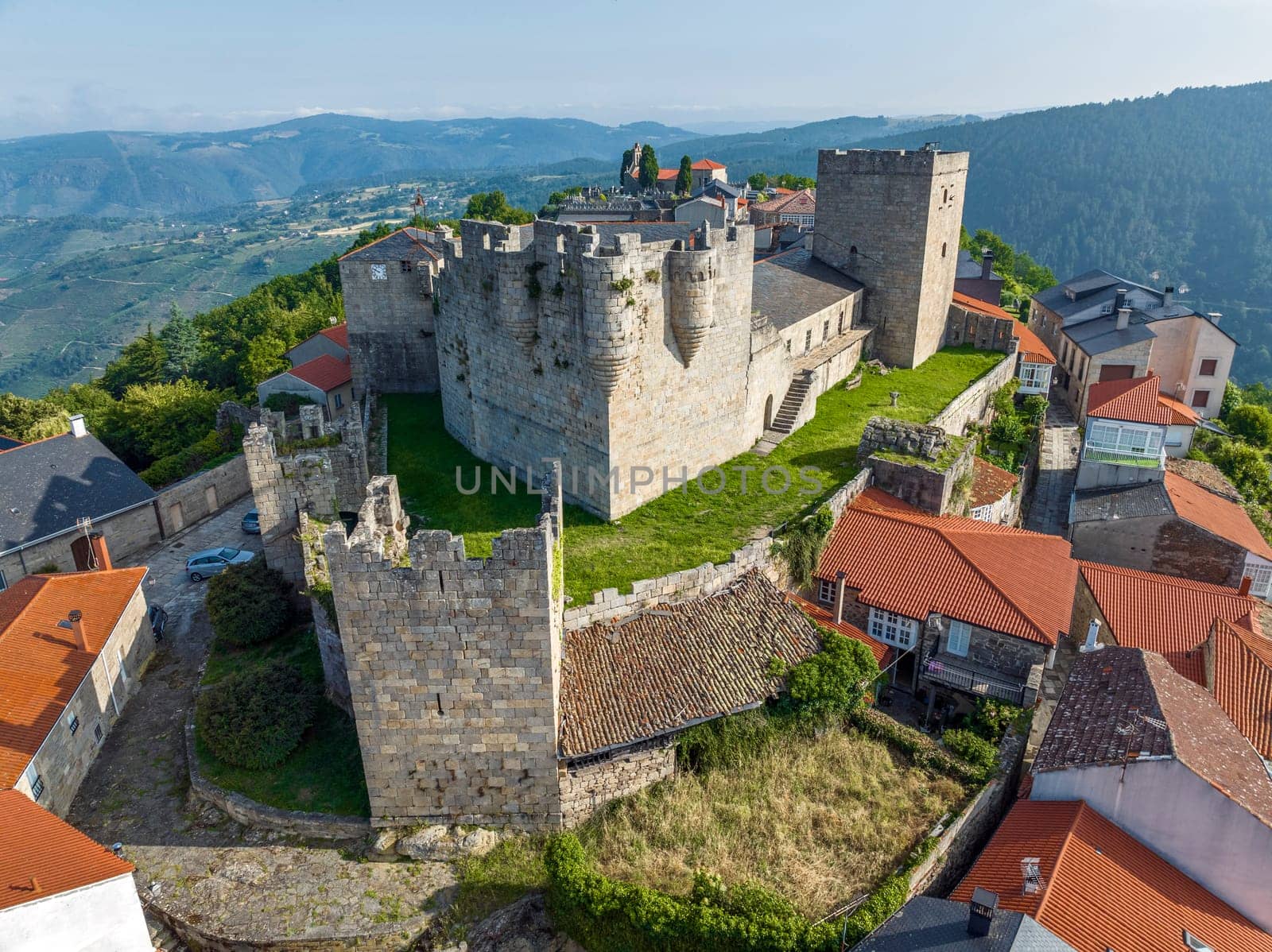Castro Candelas aerial view Castle, in the province of Ourense. Considered one of the most beautiful towns in Spain