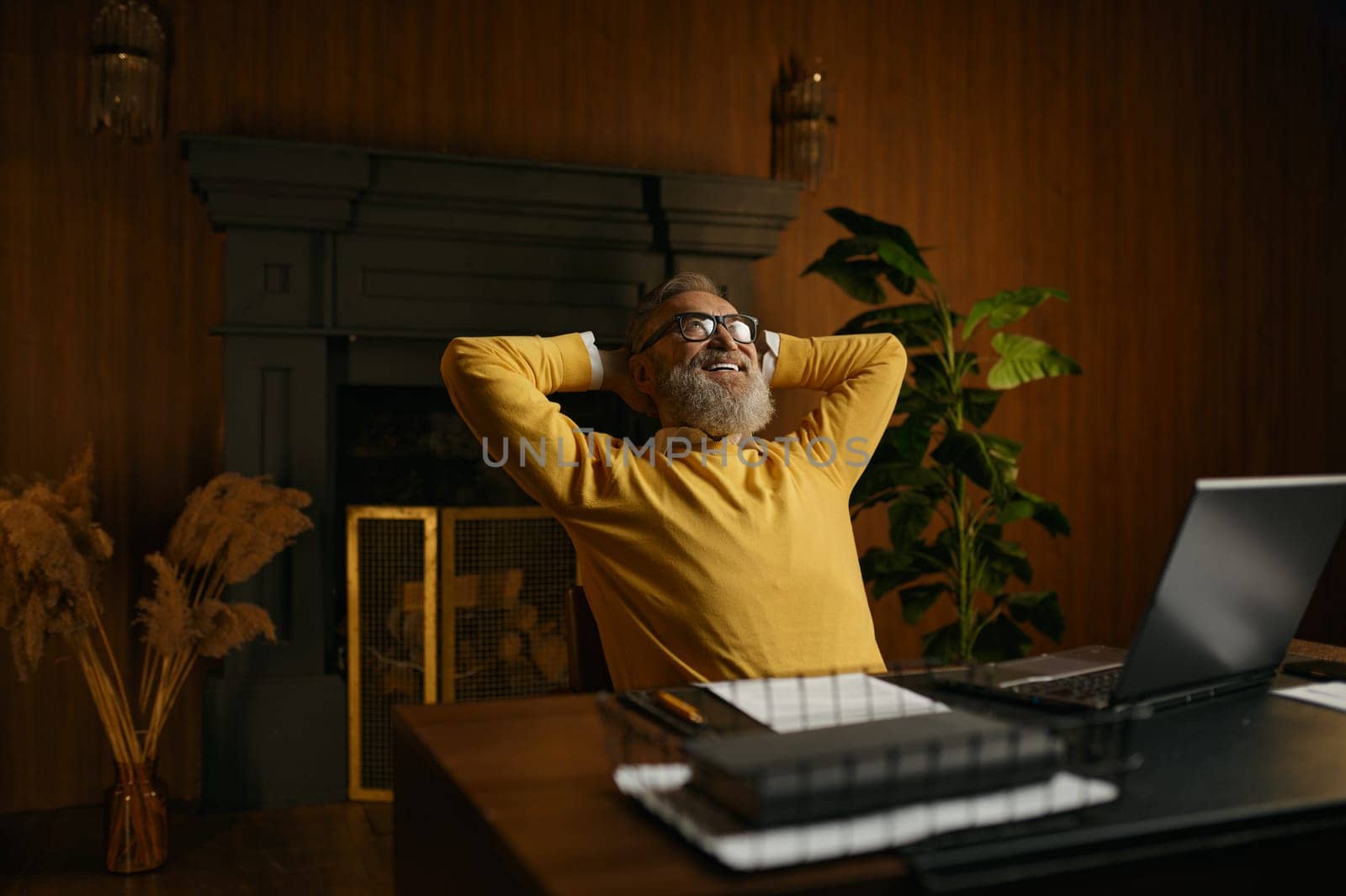 Excited mature man feeling satisfaction relaxed sitting at table with laptop in home office. Happy dreamy senior male holding hands behind head looking up with smile on face think of future success