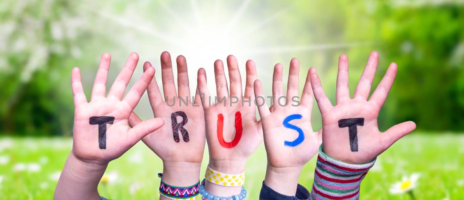 Children Hands Building Colorful English Word Trust. Sunny Green Grass Meadow As Background.