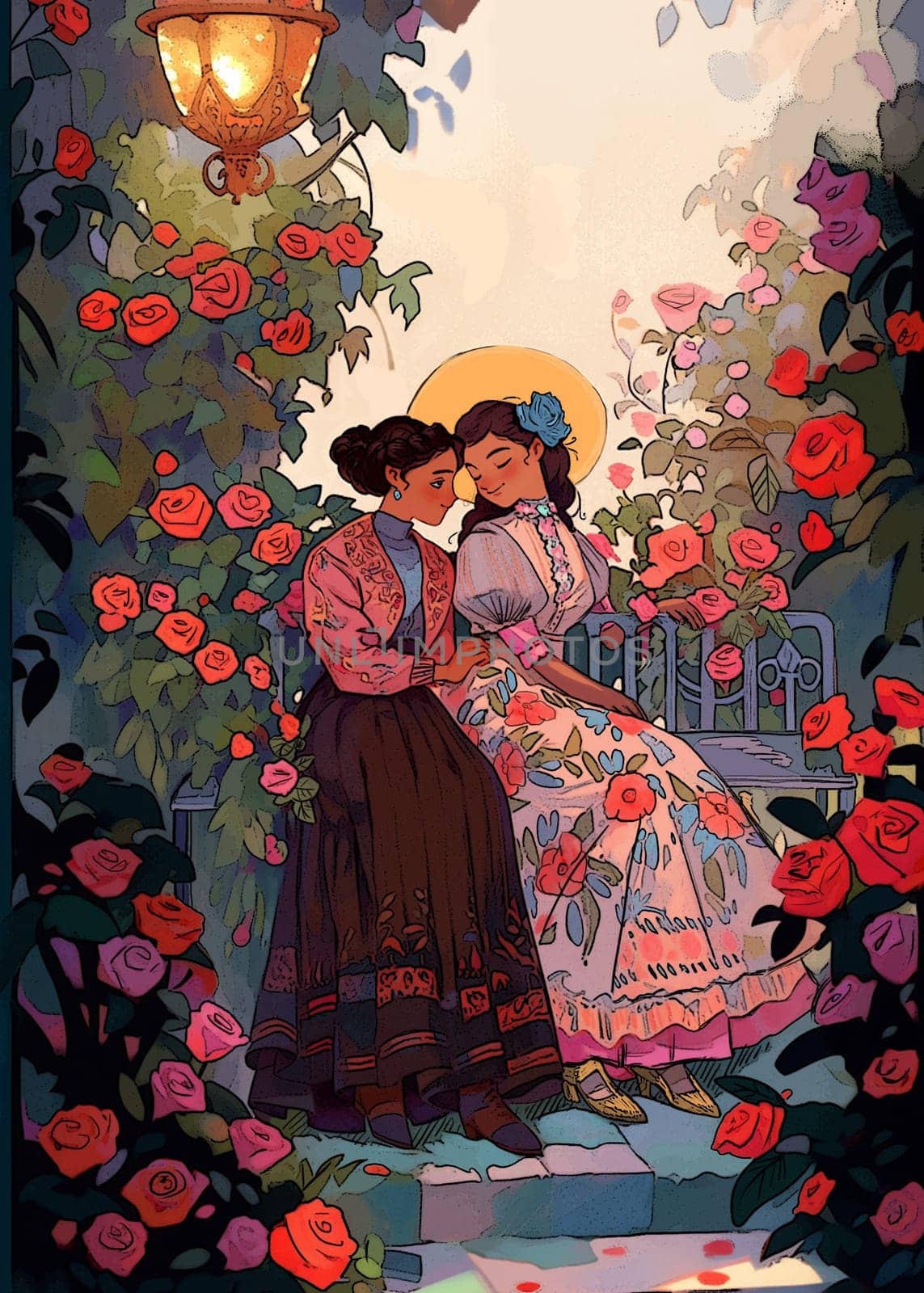 Two women dressed in embroidered vintage dresses spend an intimate moment on an antique garden bench surrounded by blooming rose bushes. They are in love with each other. It's a romantic evening
