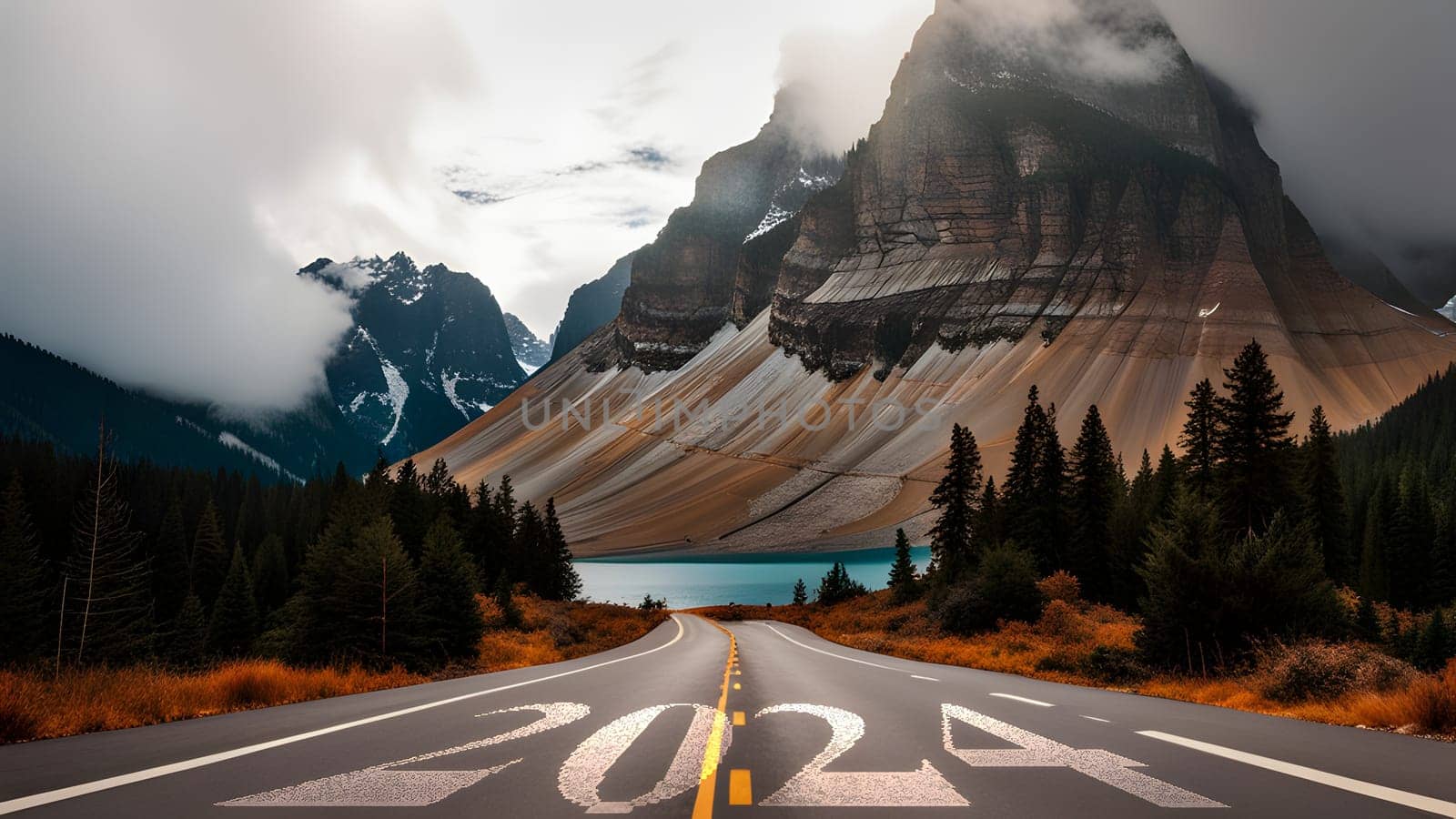 The New year 2024 concept. Text 2024 written on the road in the middle of asphalt road - ai generated