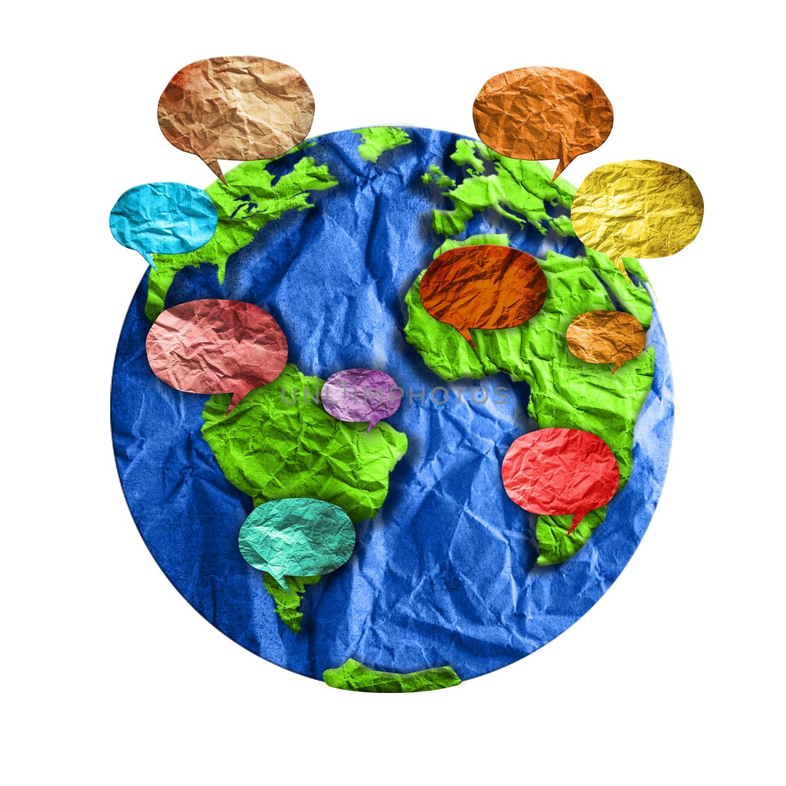 Global communication, international messaging and translation concept, speech bubbles around blue Earth globe isolated on white background.