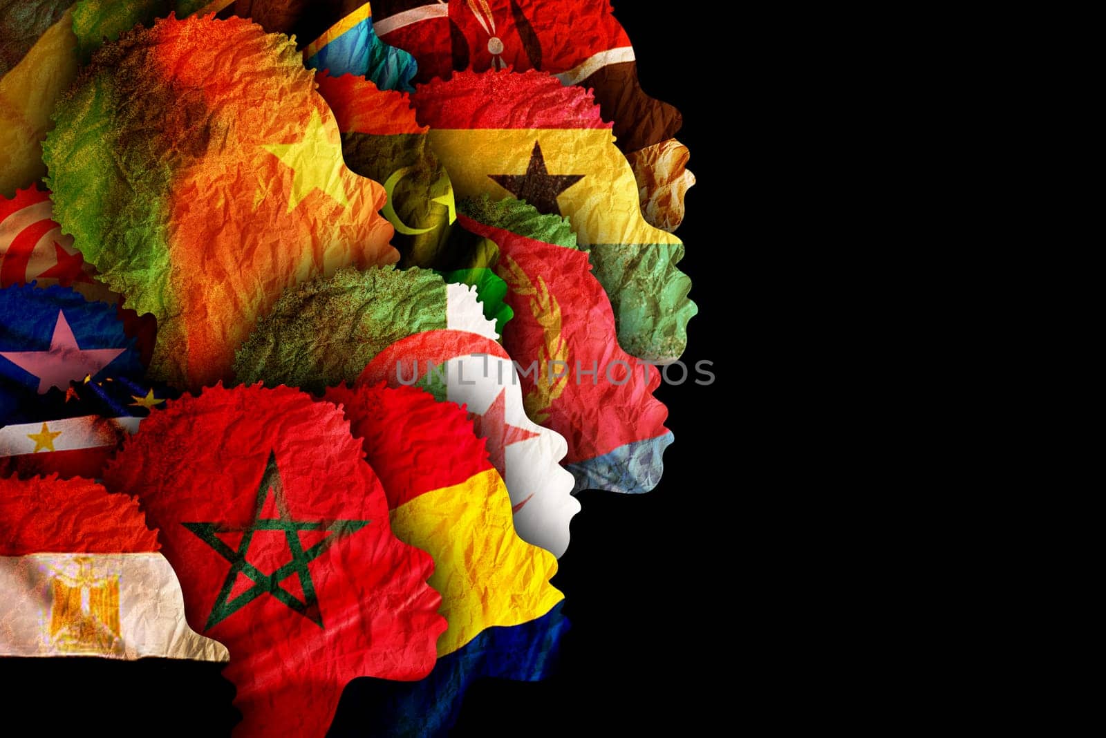 Different cultures in african society concept. Diverse group of multiethnic multicultural woman silhouette with african flag.