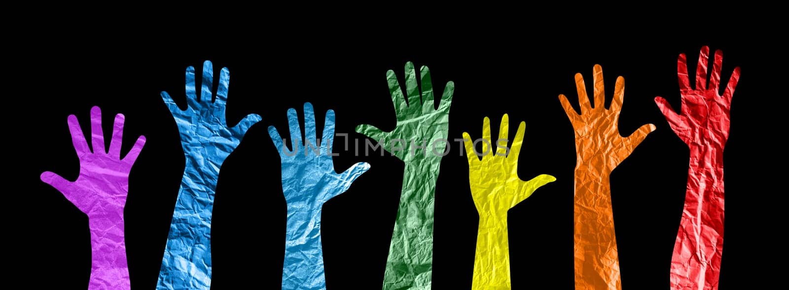 Lgbt multiracial hands up silhouette.  Different cultures in international society concept. Gay pride flag colors.