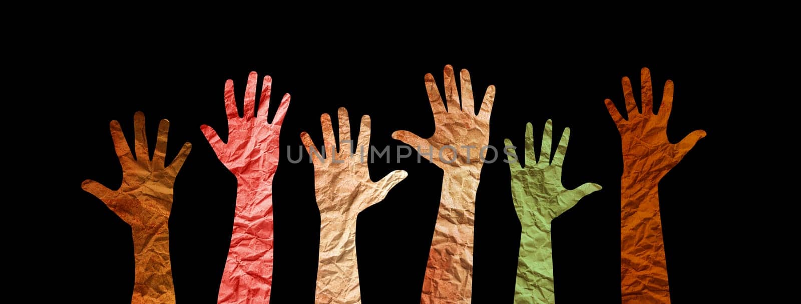 Different cultures in international society concept. Diverse group of multiethnic multicultural hands silhouette.