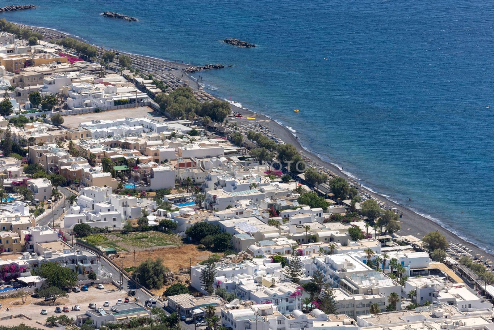 Aerial view of the town of Kamari, Santorini, Greece