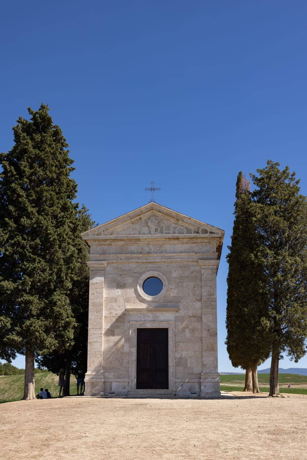 Capella Di Vitaleta in countryside between San Quirico and Pienza in Val d Orcia Tuscany. Italy