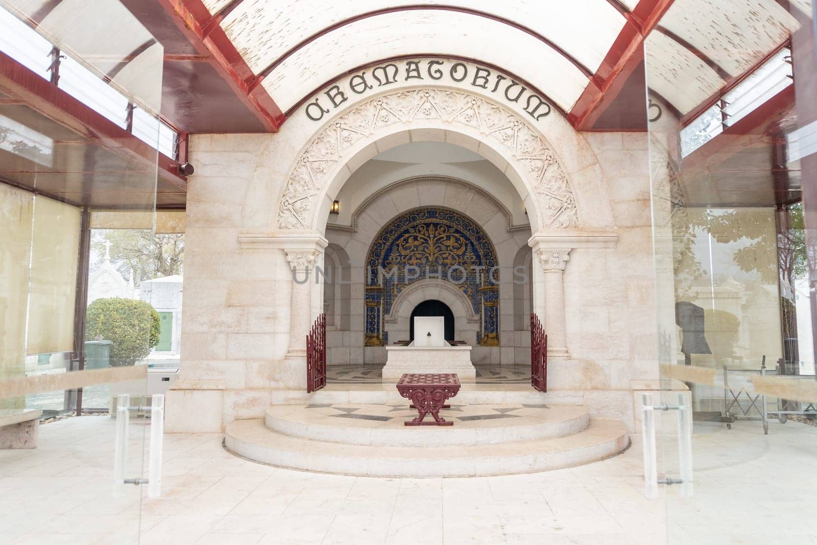 February 22, 2023 Lisbon, Portugal: Alto de Sao Joao Cemetery - interior of the crematorium. Mid shot