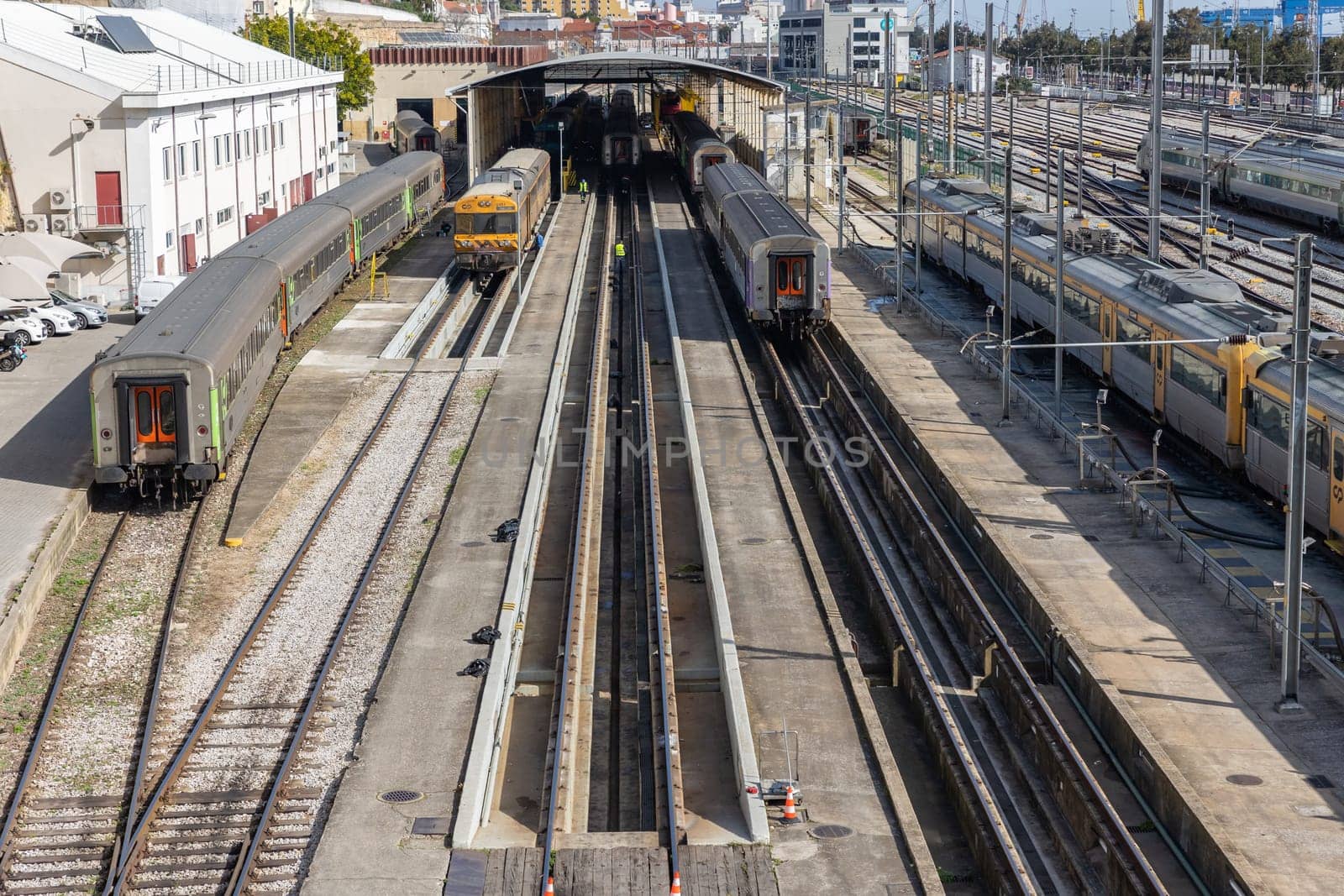 22 february 2023 Lisbon, Portugal: SIMEF Santa Apolonia - railway depot in day lighting. Aerial view