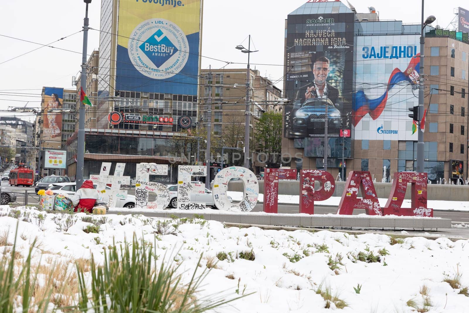 5 April 2023 Belgrade, Serbia: graffiti-painted hashtag of the name of the city of Belgrade. Mid shot