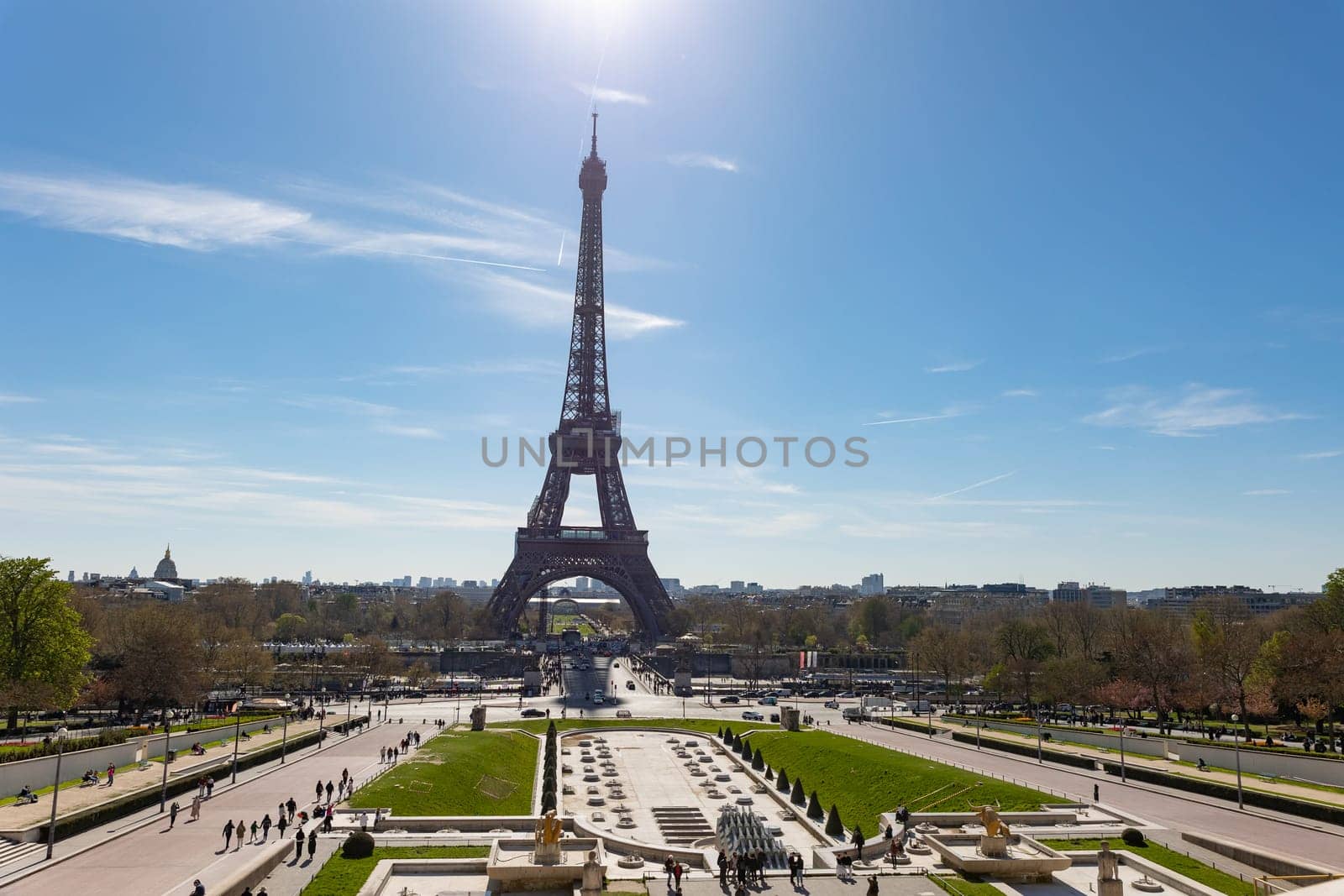April 4, 2023 Paris, France: surroundings around the Eiffel Tower - cityscape. Mid shot