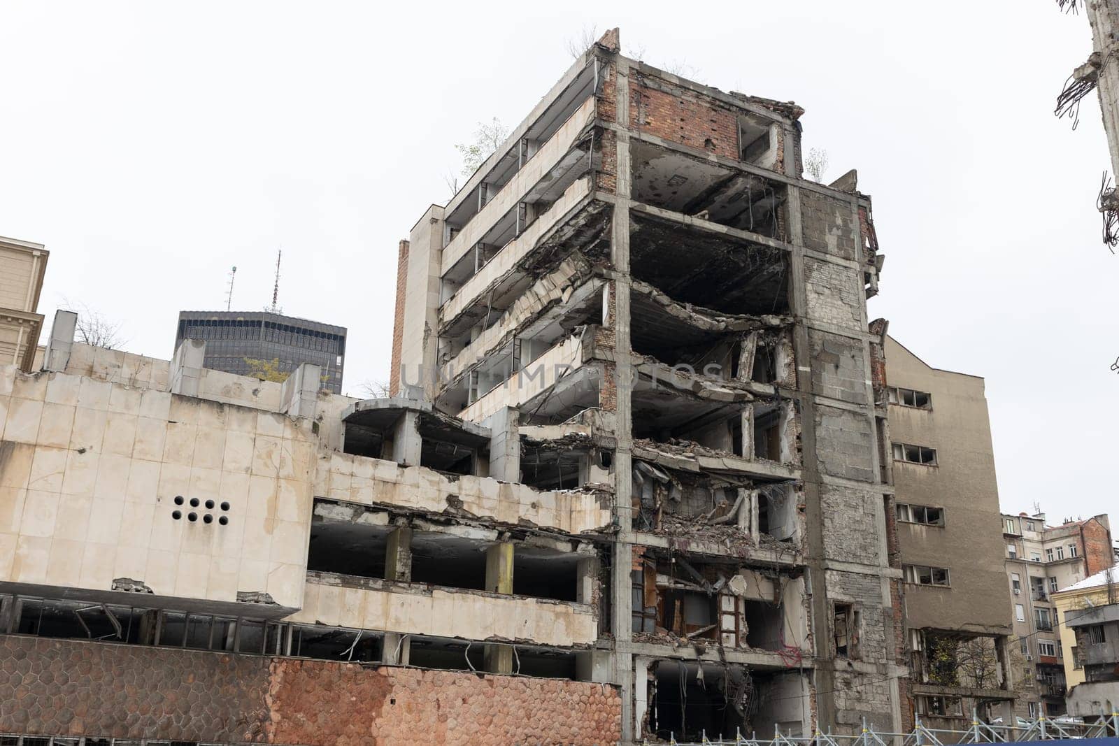 5 April 2023 Belgrade, Serbia: Ministry of Defense of Yugoslavia, destroyed in 1999 by the NATO bombing. Mid shot