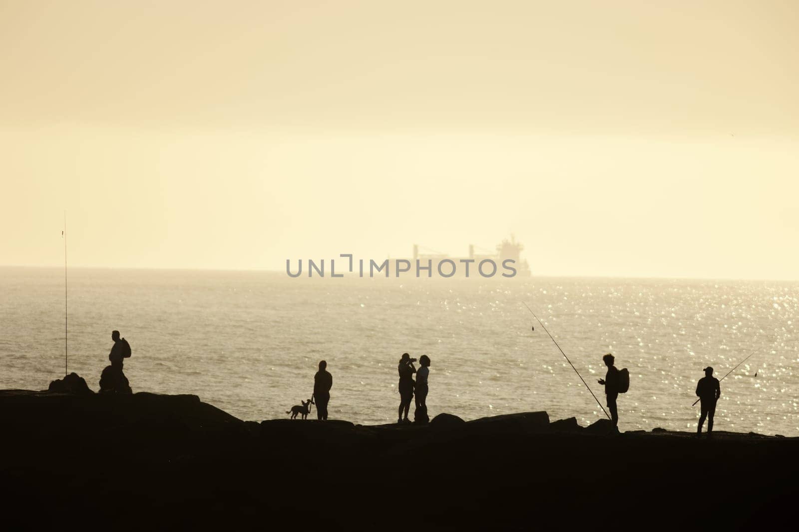 Silhouettes of people standing by the sea - fishing and spending time at foggy sunset. Mid shot