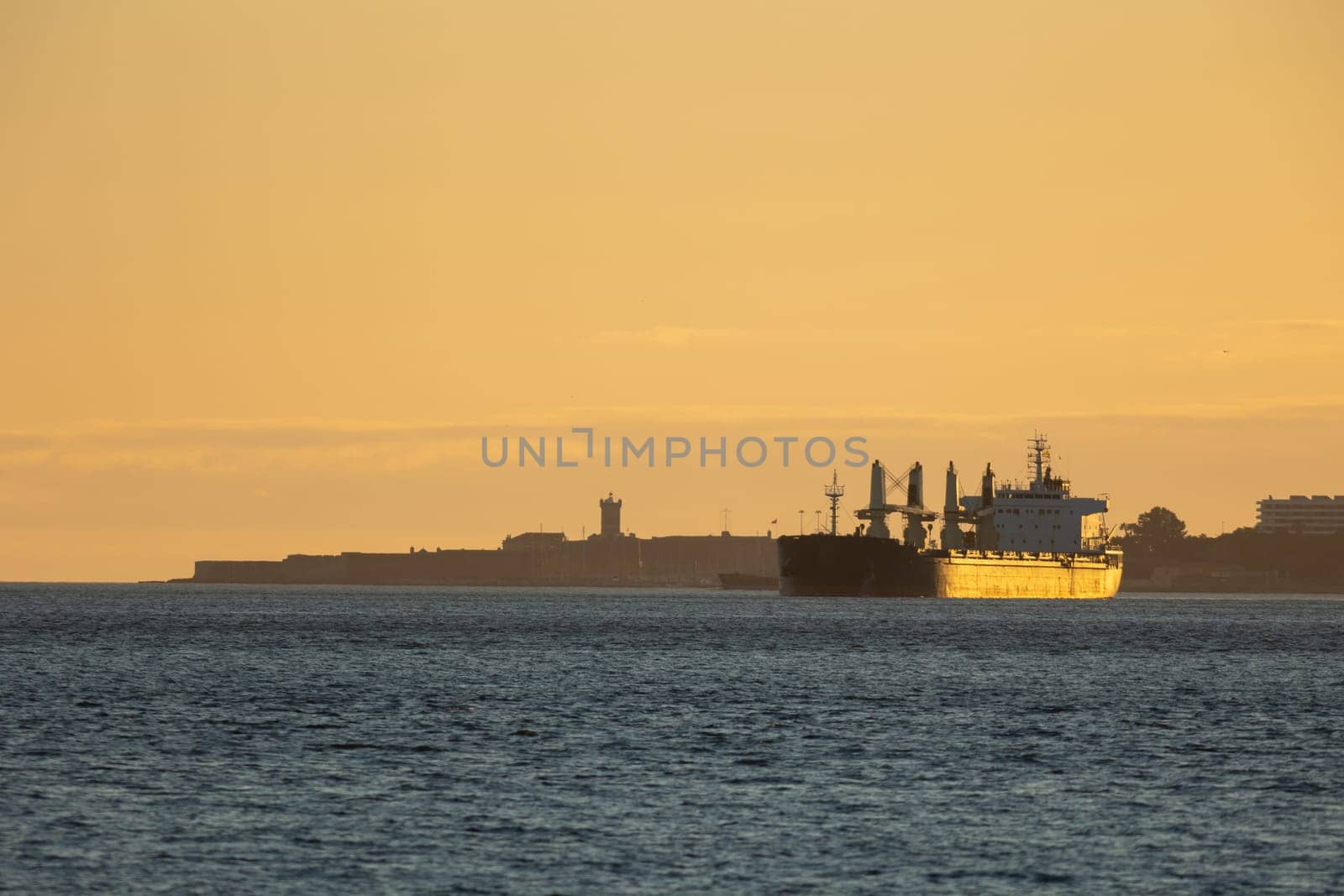 An industrial ship sails down the river at sunset. Mid shot